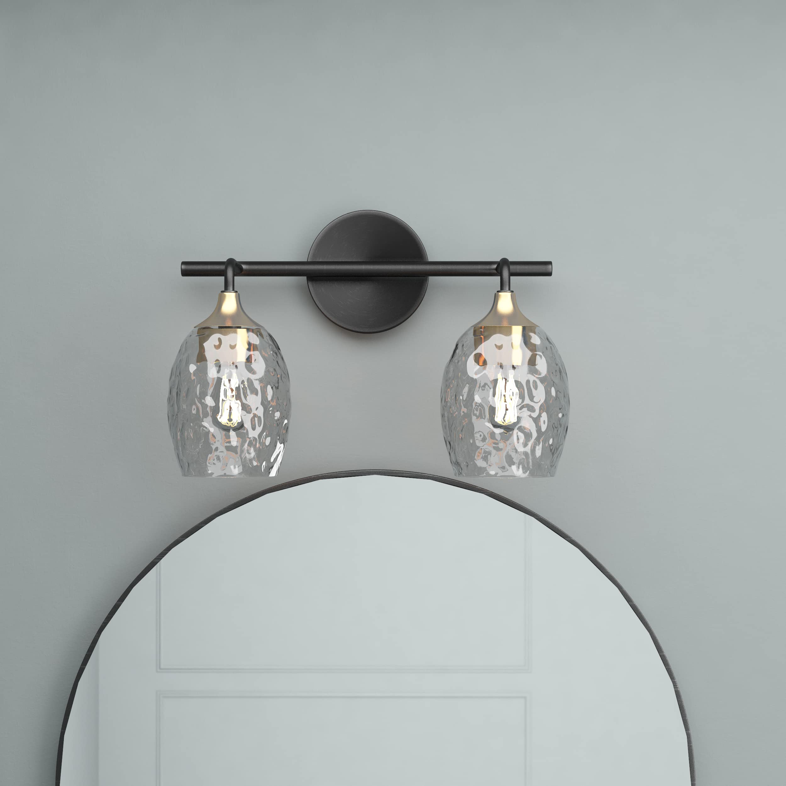 2-Light Bathroom Wall Sconce - Antique Brass Vanity Lighting with Clear Hammered Glass Shade - Elegant Fixture for Bathroom, Kitchen, Bedroom & Living Room - Perfect for Ambient & Task Lighting in Modern Homes