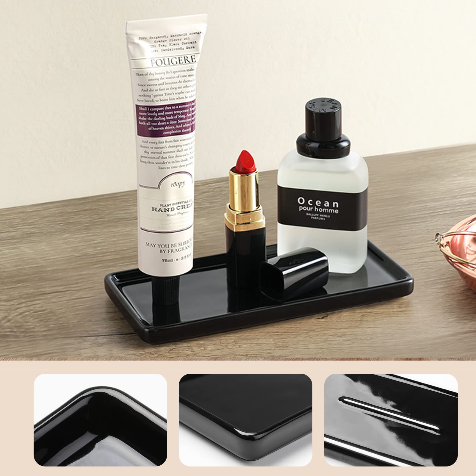 Gurygo 6 Inch Ceramic Bathroom Vanity Tray - Small Soap Dish Organizer for Countertop, Bathtub & Kitchen - Elegant Black Bath Accessories for Home Decor & Spa Relaxation