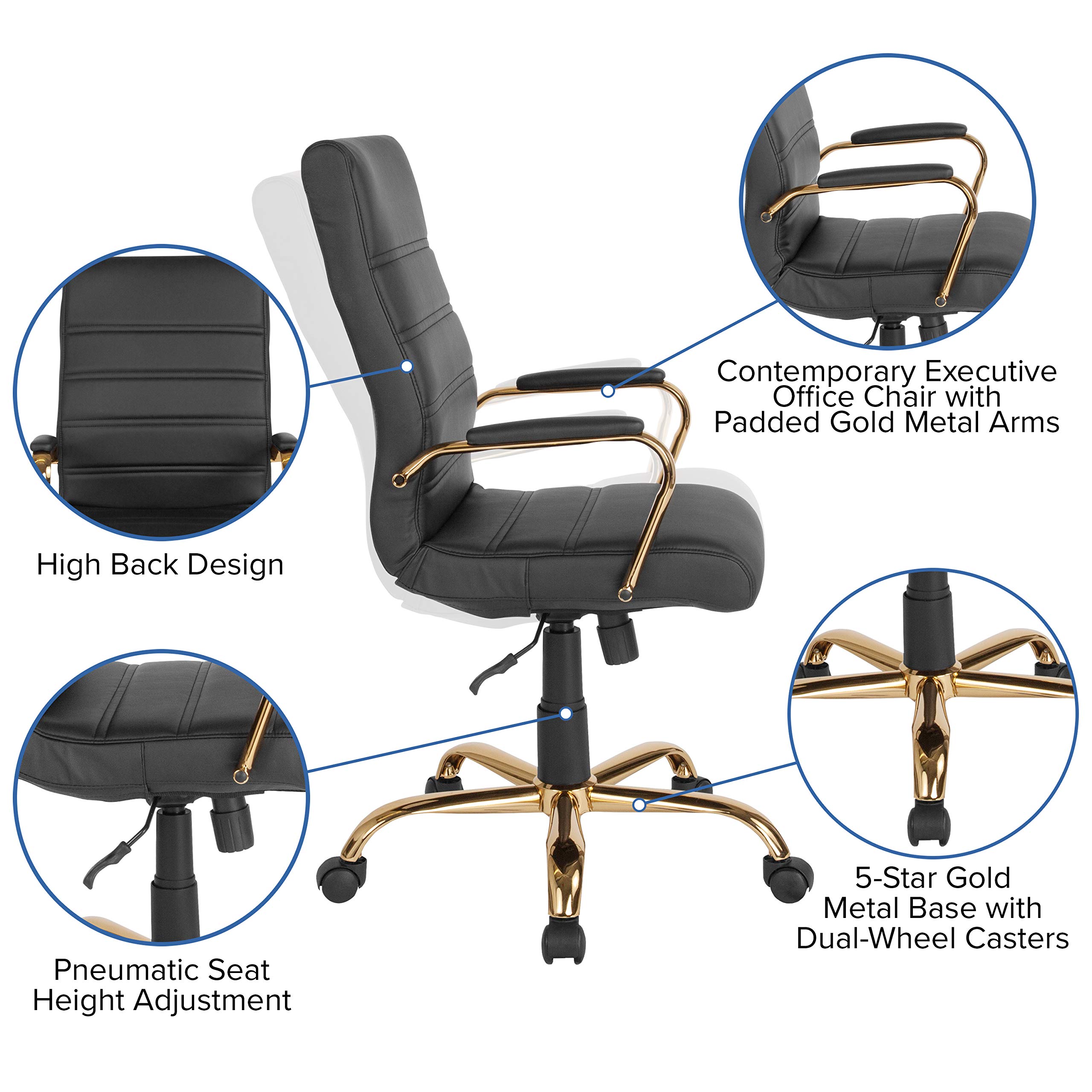 Premium High Back Executive Office Chair - Black LeatherSoft Swivel Desk Chair with Gold Frame & Adjustable Armrests - Ergonomic Support for Home Office, Conference Rooms & Workspaces