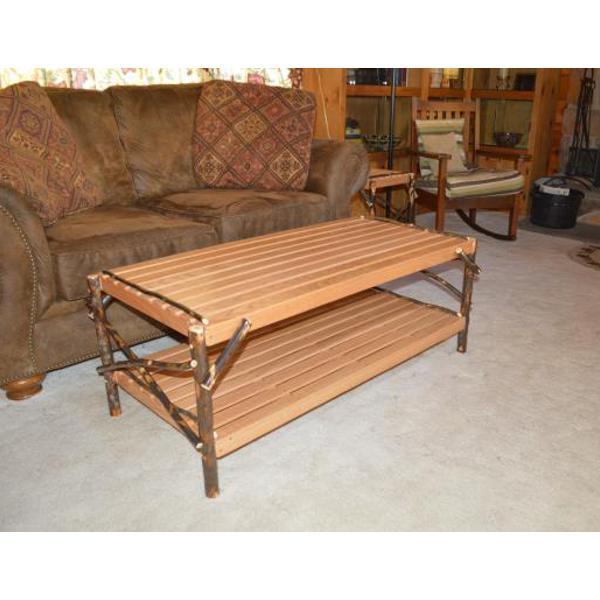 Solid Hickory Wood Coffee Table with Storage Shelf - Rustic Farmhouse Living Room Furniture for Home Decor & Entertainment Areas