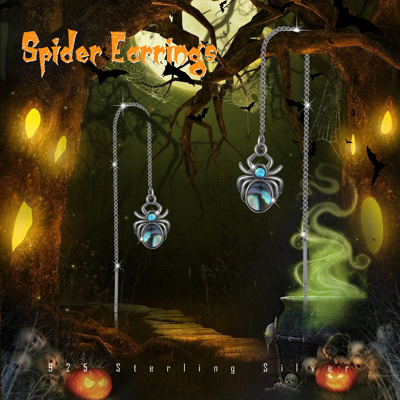OHAYOO 925 Sterling Silver Spider Threader Earrings for Women - Punk Style Drop Dangle Hypoallergenic Vintage Jewelry Gift - Perfect for Halloween, Gothic Fashion & Alternative Style Outfits