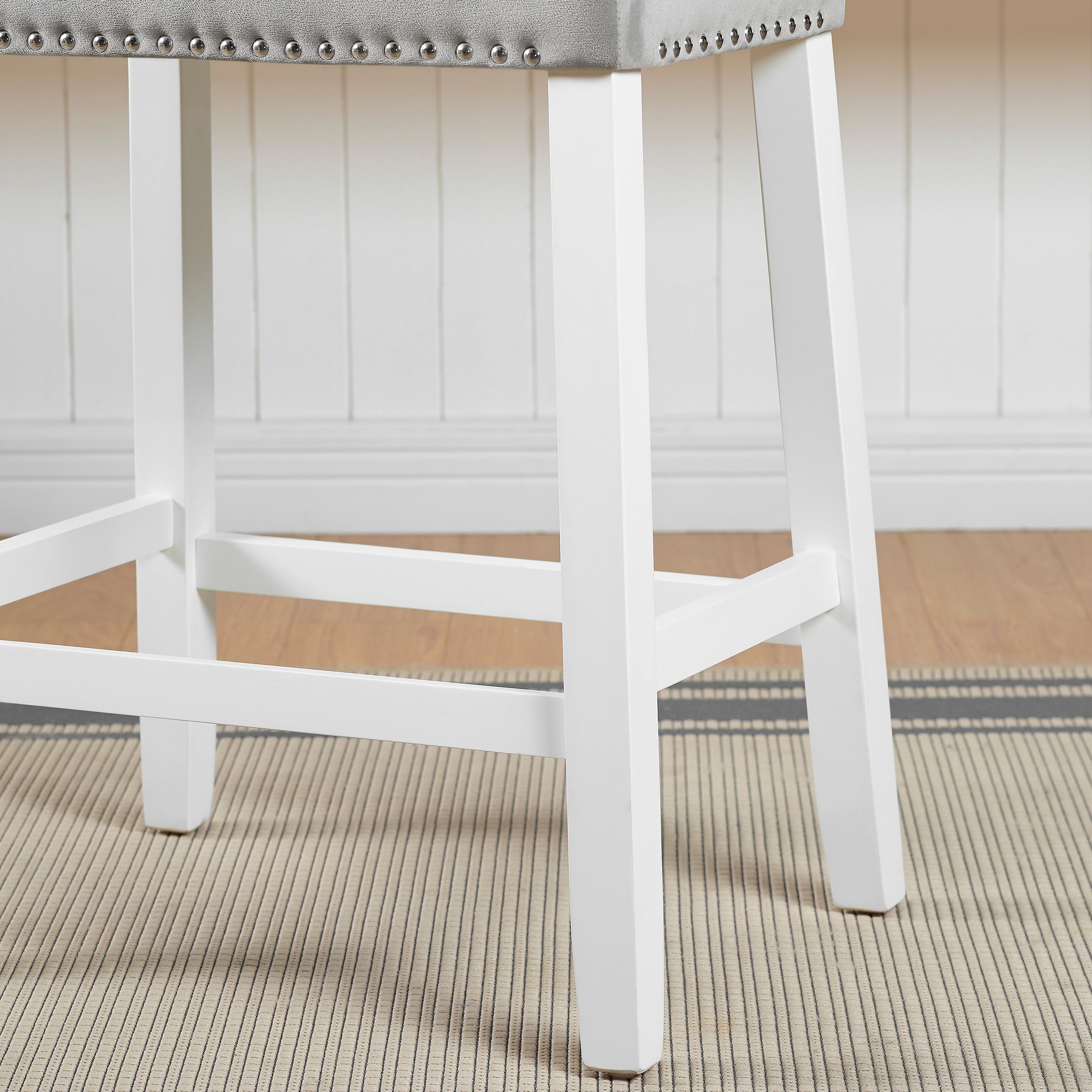 Roundhill Furniture Morovo Set of 2 Velvet Counter Height Bar Stools with Tufted Saddle Seats - White Wash Finish & Gray Upholstery - Perfect for Kitchen Islands, Breakfast Bars & Home Decor