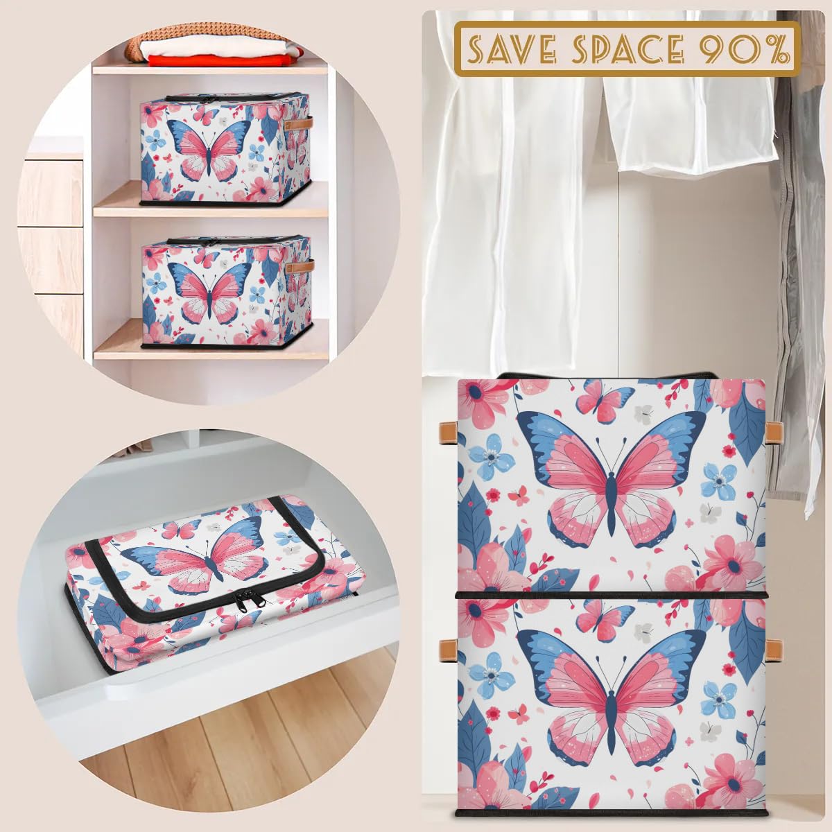 2-Pack Stackable Storage Bins with Zipper Lid & Metal Frame - Butterfly Flower Design Closet Organizer Cubes with PU Handles | Perfect for Clothes, Toys, and Home Organization