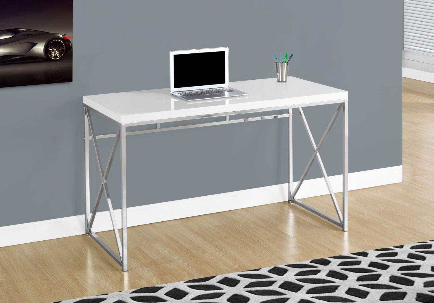 Offex 48 Inch Modern Computer Desk with Chrome Metal Frame - Glossy White Home Office Desk for Work, Study & Gaming - Perfect for Small Spaces & Home Offices