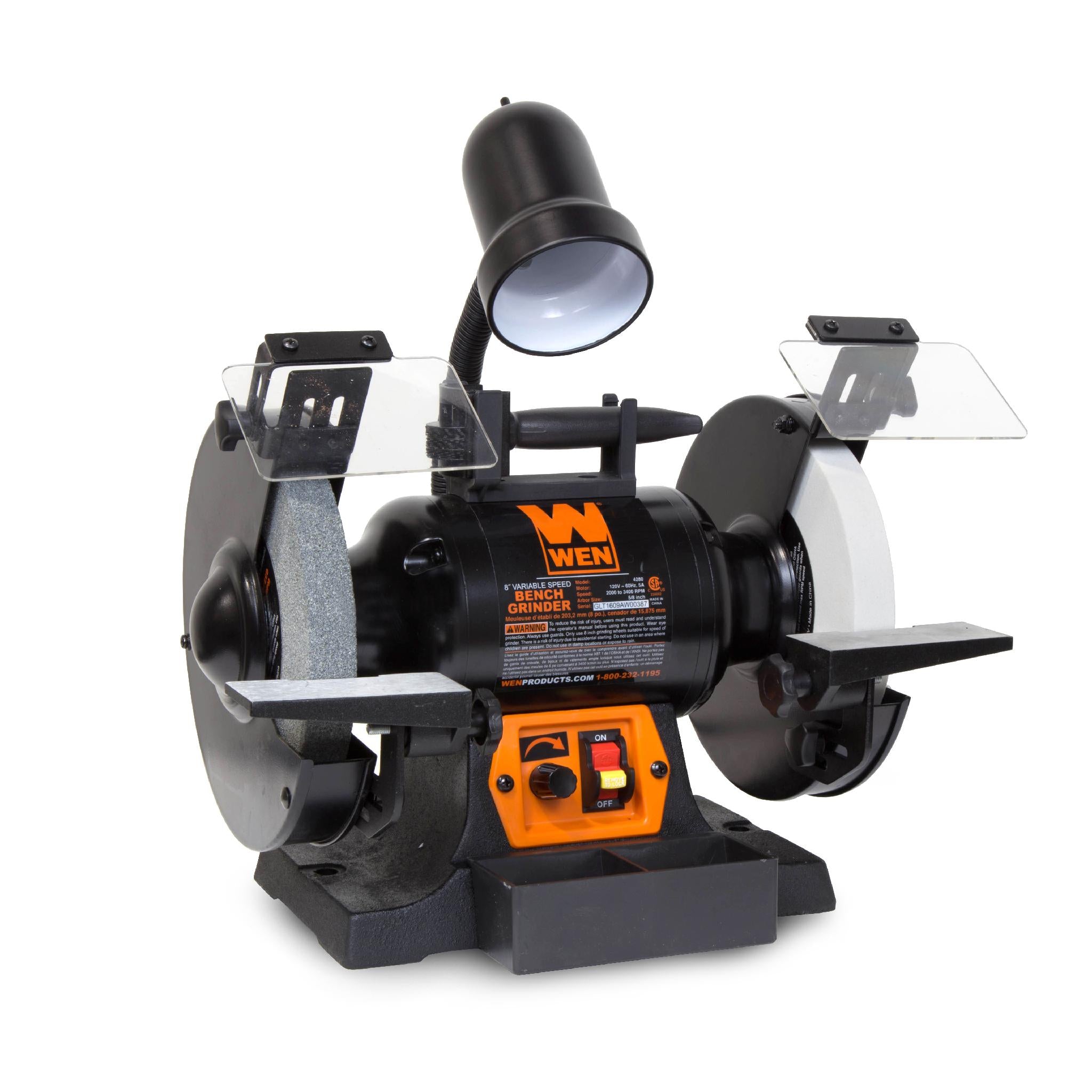 WEN BG4280 5 Amp 8 Inch Variable Speed Bench Grinder with Flexible Work Light - Perfect for Metalworking, Woodworking & DIY Projects in Home Workshops