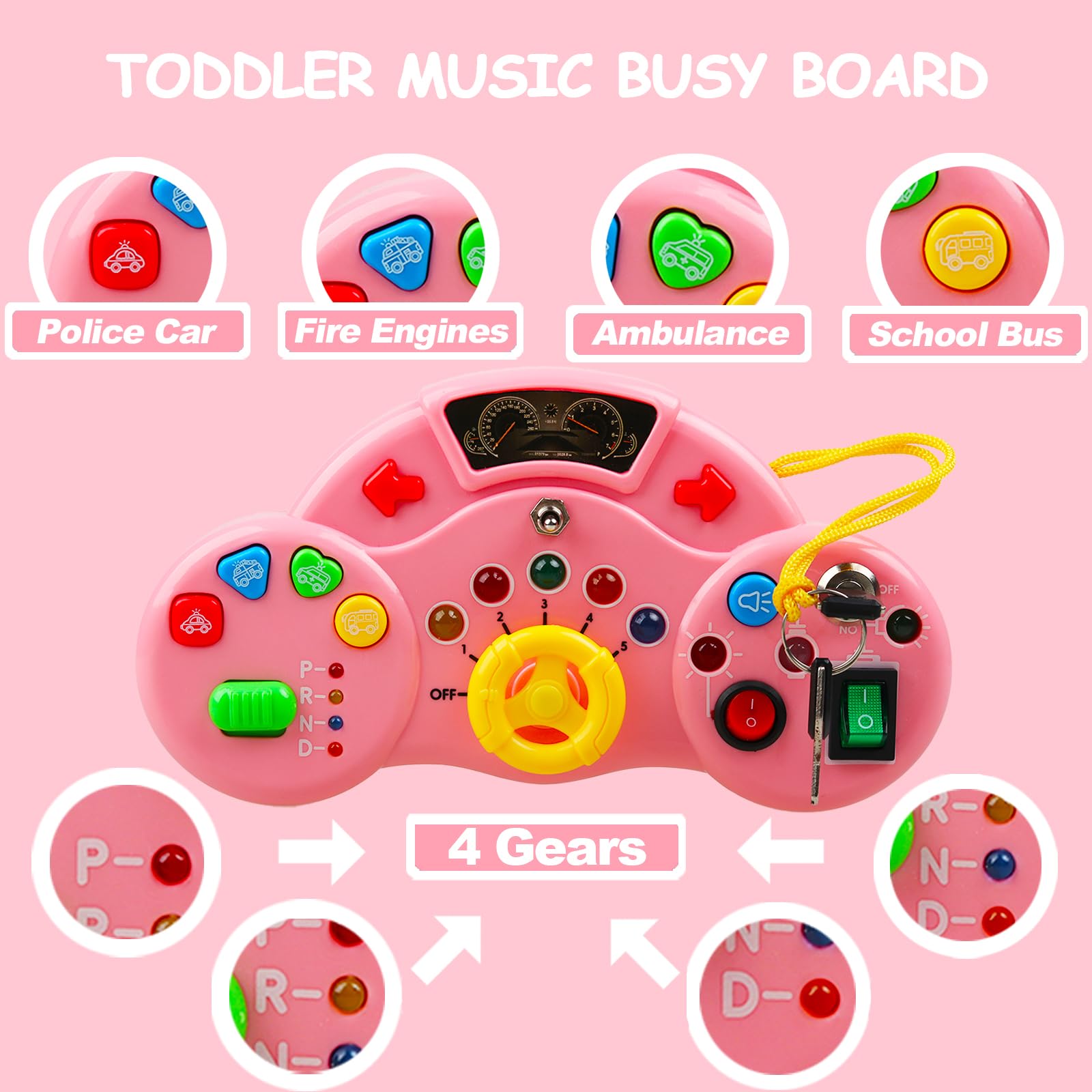 Montessori Busy Board for Toddlers 1-4 Years - LED Musical Light Switch Sensory Toy with Preschool Learning Activities | Travel & Educational Gift for Boys & Girls (Pink) - Perfect for Home, Classroom & Airplane Travel