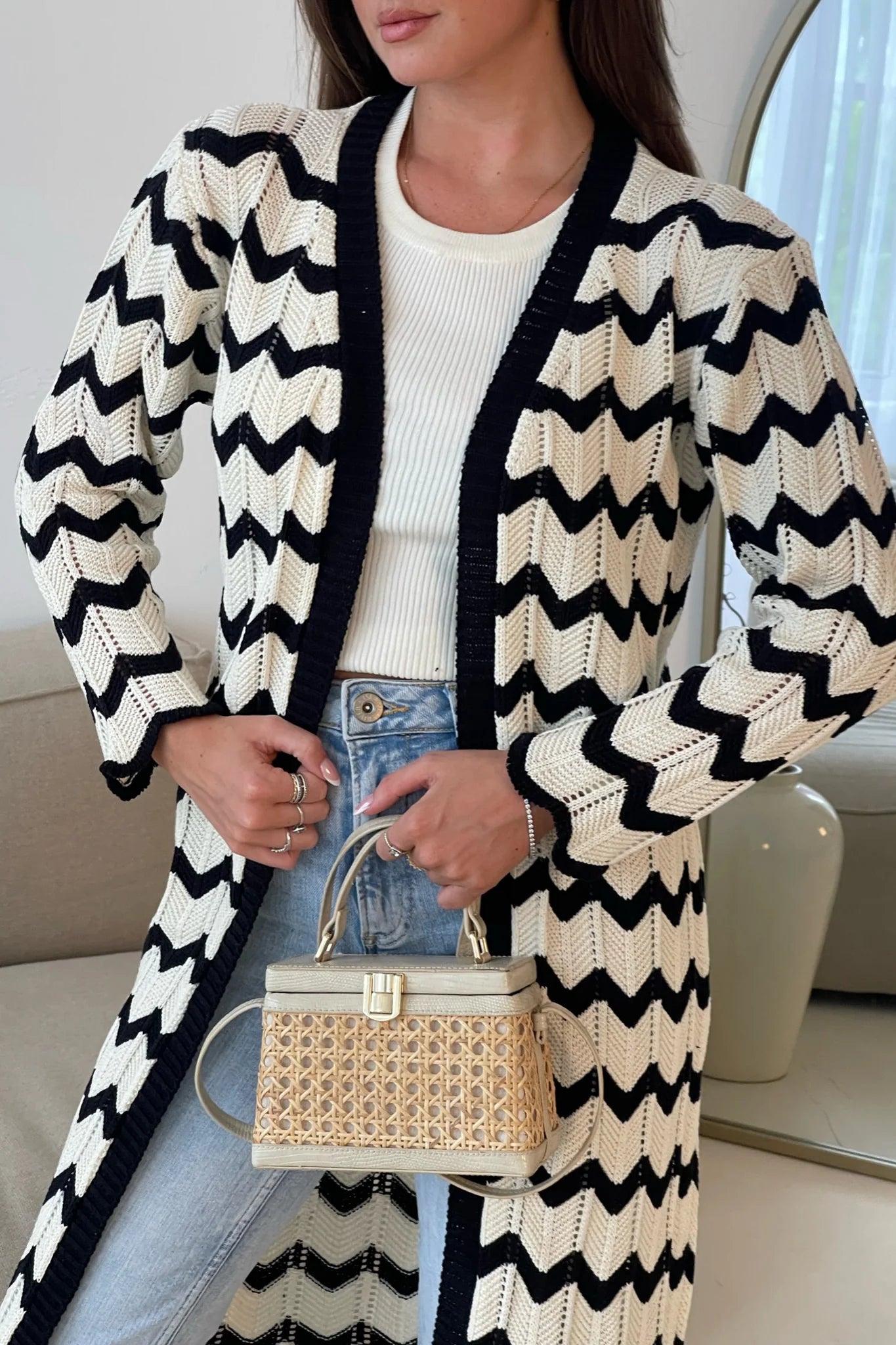 Crochet Monochrome Chevron Cardigan for Women - Black & Cream Handmade Knit Sweater | Boho Chic Lace-Up Cardigan for Fall, Winter, Date Night & Casual Outfits