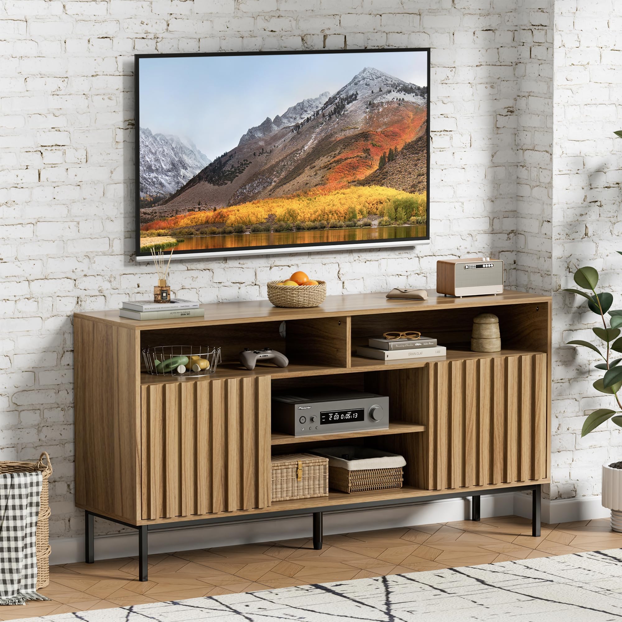 Mid Century Modern TV Stand Cabinet for Living Room - Wood Media Console with Shelves & Storage (Fits 50/55/60/65 Inch TVs) - Fluted Entertainment Center for Bedroom & Home Theater - Perfect for Organizing Electronics & Displaying Decor