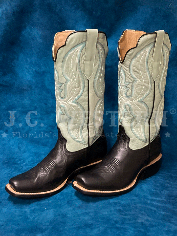 R.Watson WRL0004 Women's Western Cowboy Boots - Genuine Goat Leather, Aqua & Jet Black - Perfect for Country Dancing, Rodeos & Western Fashion