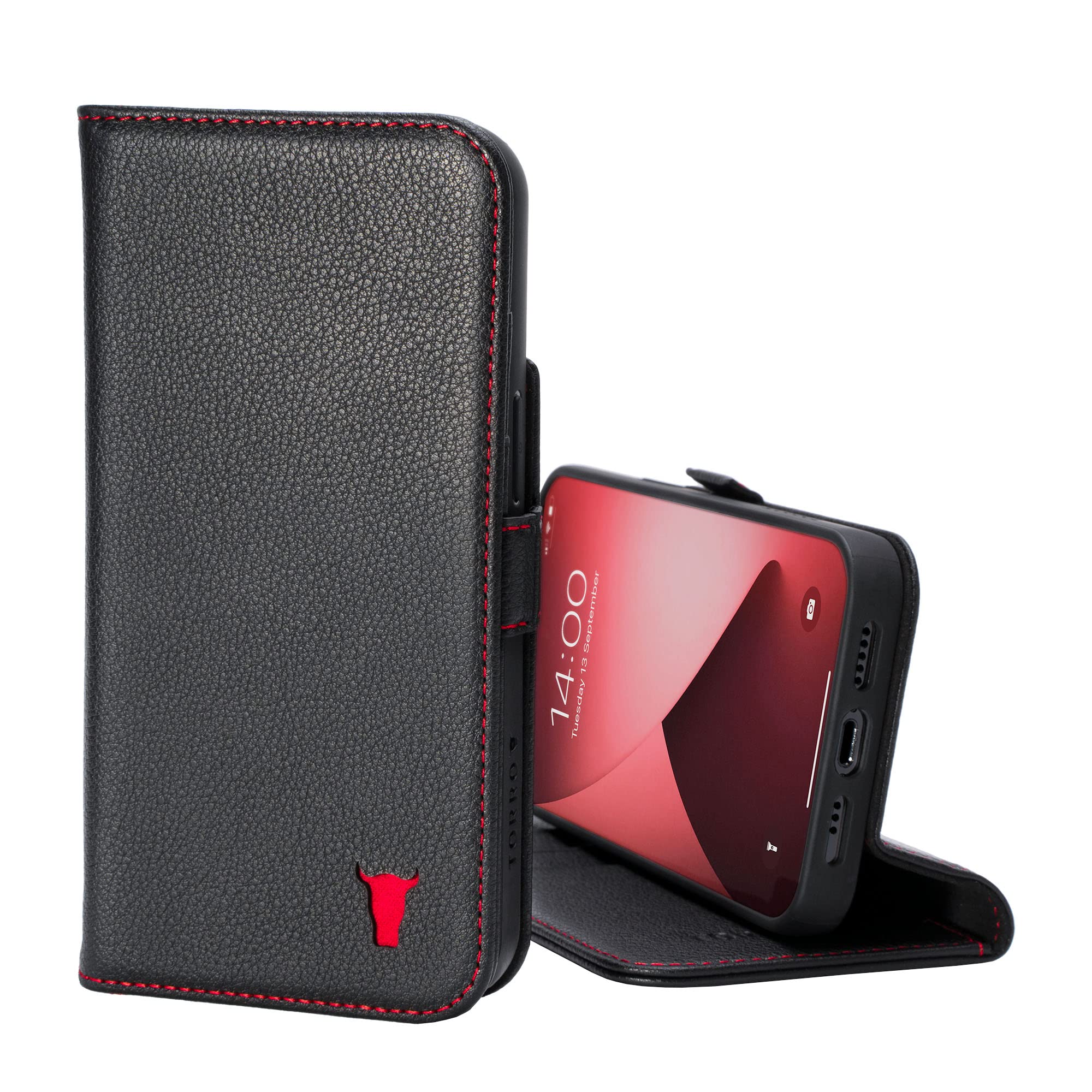 TORRO Genuine Leather Wallet Case for iPhone 12 & iPhone 12 Pro - Slim Protective Cover with Card Holder & Kickstand Function (Black) | Perfect for Everyday Use, Travel & Business Meetings
