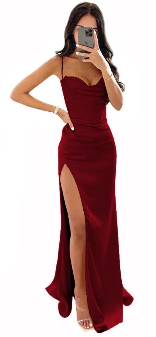 Elegant Spaghetti Strap Silk Satin Bridesmaid Dress - Long Formal Prom Gown with High Slit for Women | Perfect for Weddings, Evening Parties & Special Occasions