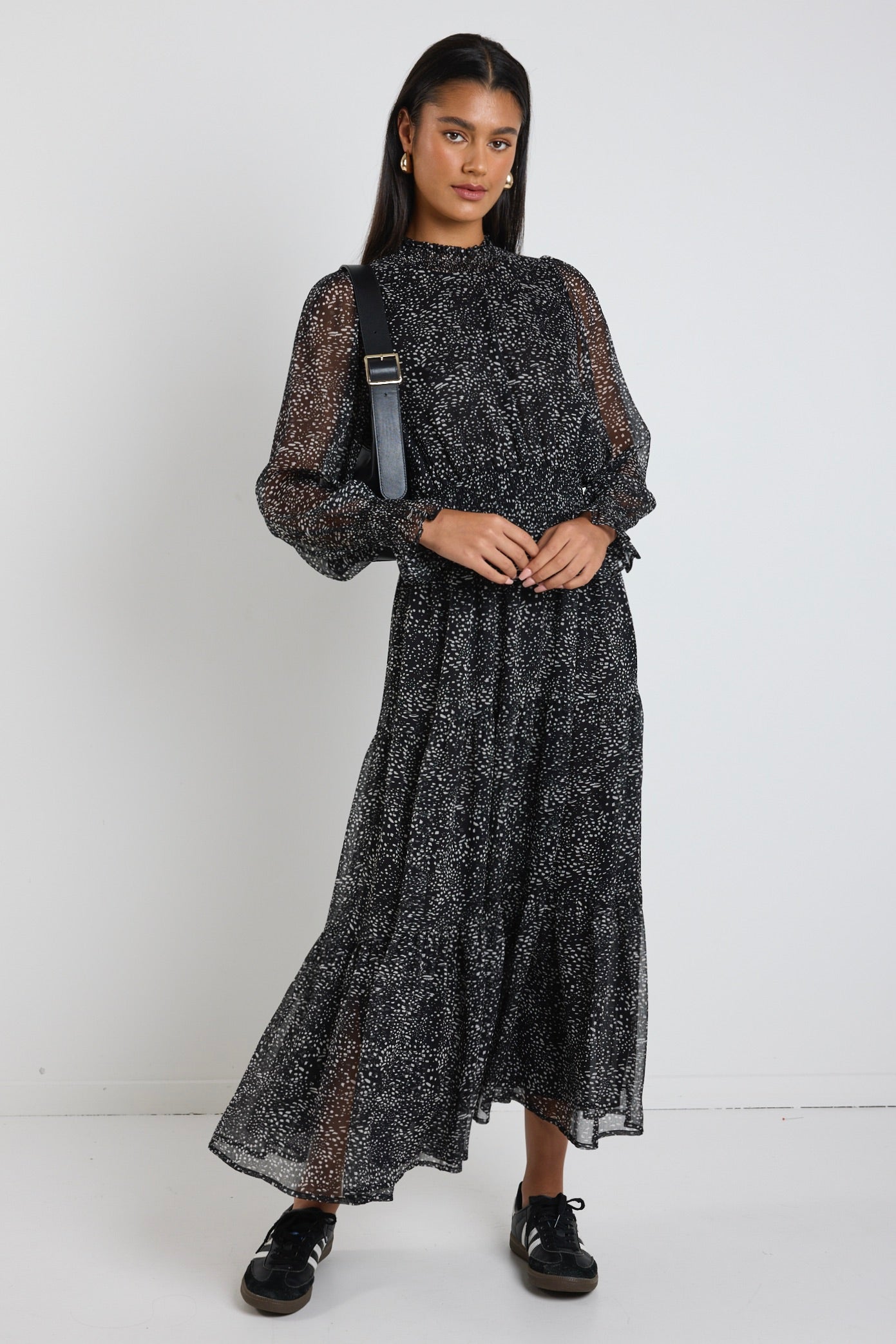 Elegant Ebony Black Grey Spot Long Sleeve Shirred Neck Midi Dress for Women | Perfect for Office Wear, Cocktail Parties & Special Occasions
