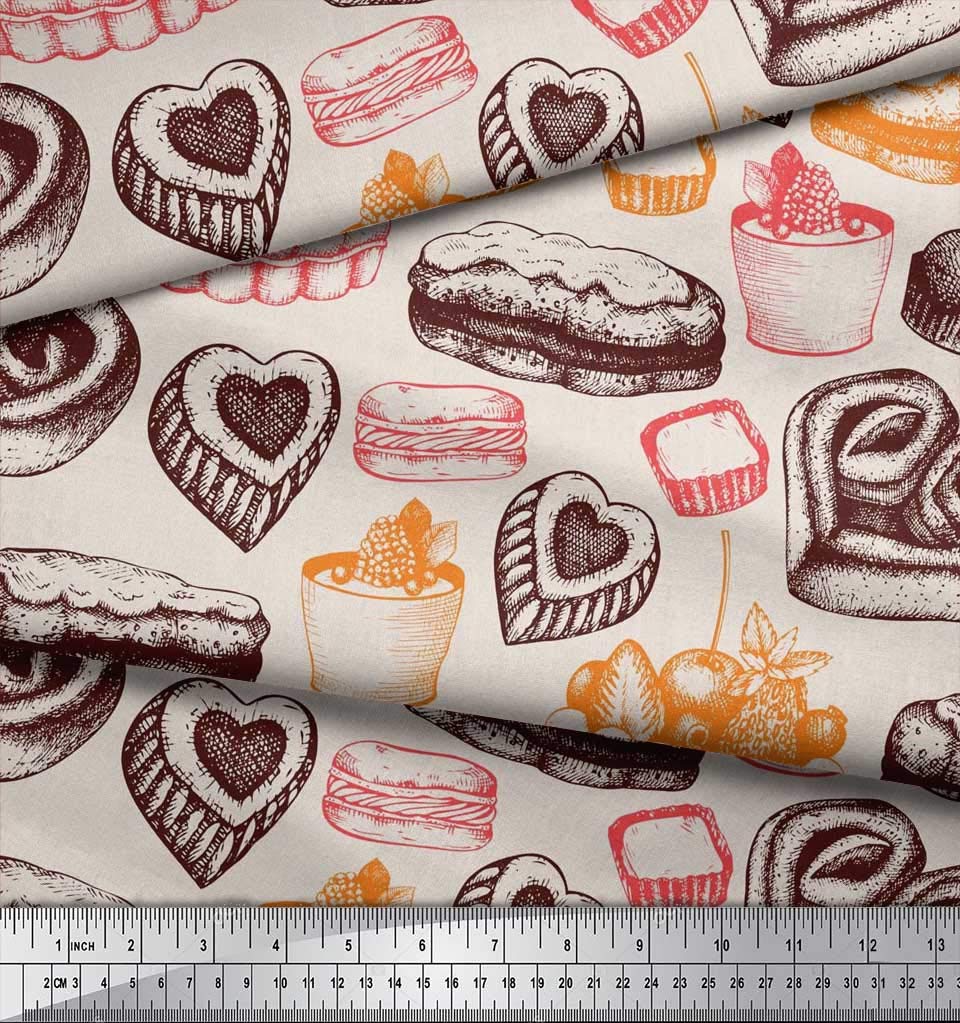 Soimoi Rayon Fabric by the Yard - 42 Inch Wide Burger & Fruit Cake Food Print Fabric for DIY Crafts, Quilting, and Home Decor Projects