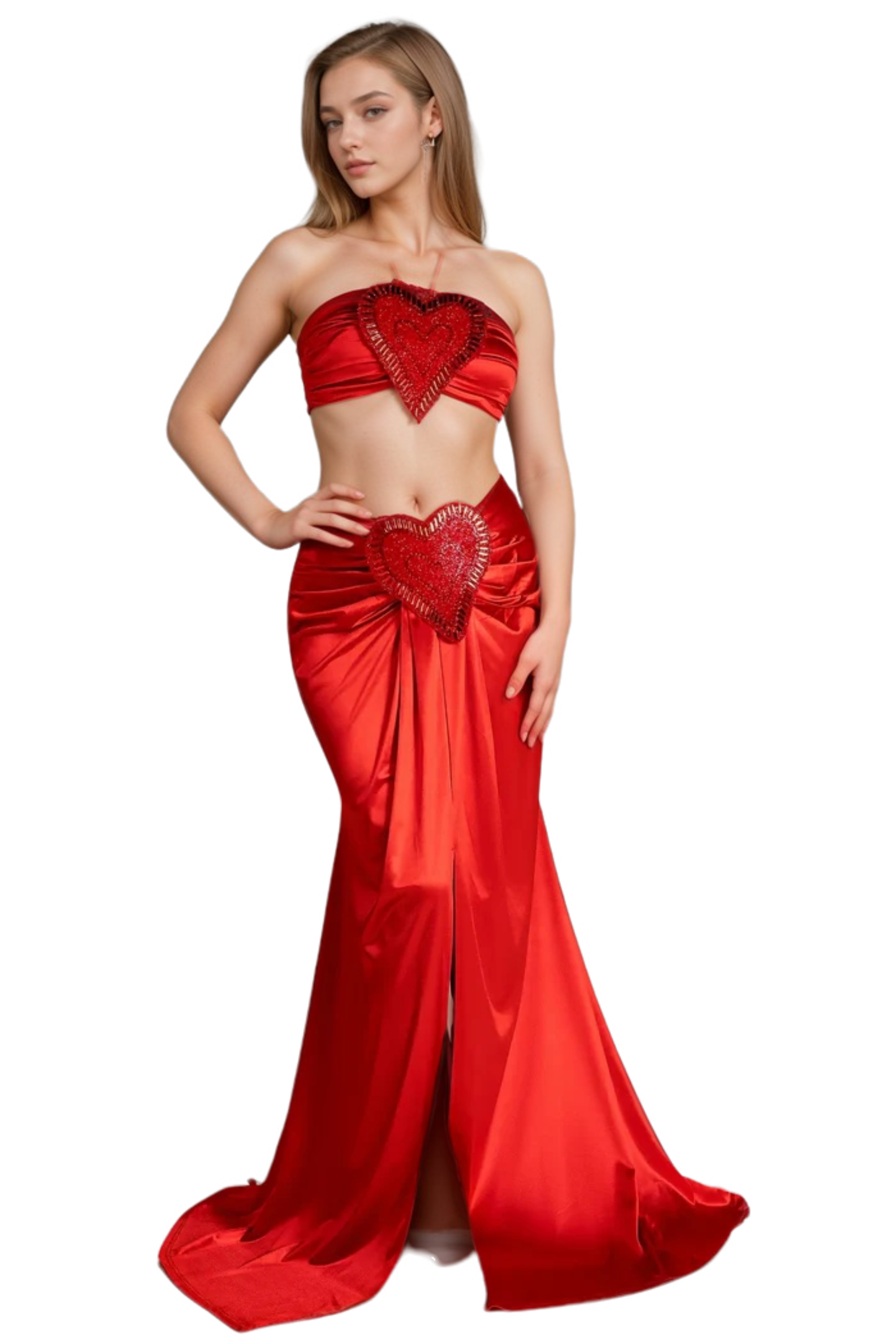 Antonia Mesi Halter Neck Heart Embellished 2 Piece Set - Women's Sexy Crop Top & Skirt Outfit for Date Night, Party, and Summer Vacation