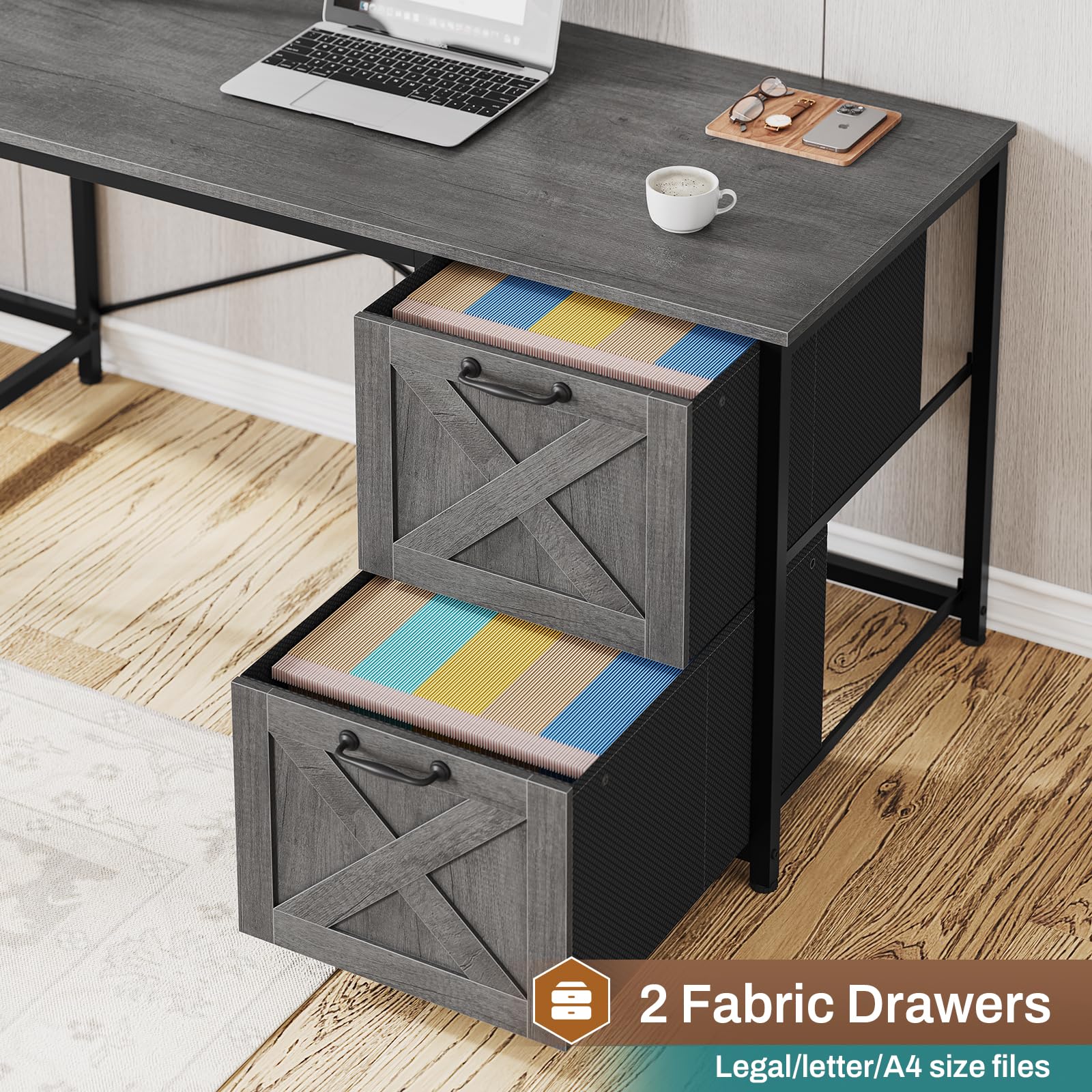 SEDETA L-Shaped Gaming Desk with LED Lights, Reversible Computer Desk with Fabric Drawers & Power Outlet, Home Office Desk with Hutch & Storage Shelf (Grey) - Perfect for Gamers, Streamers & Remote Workers