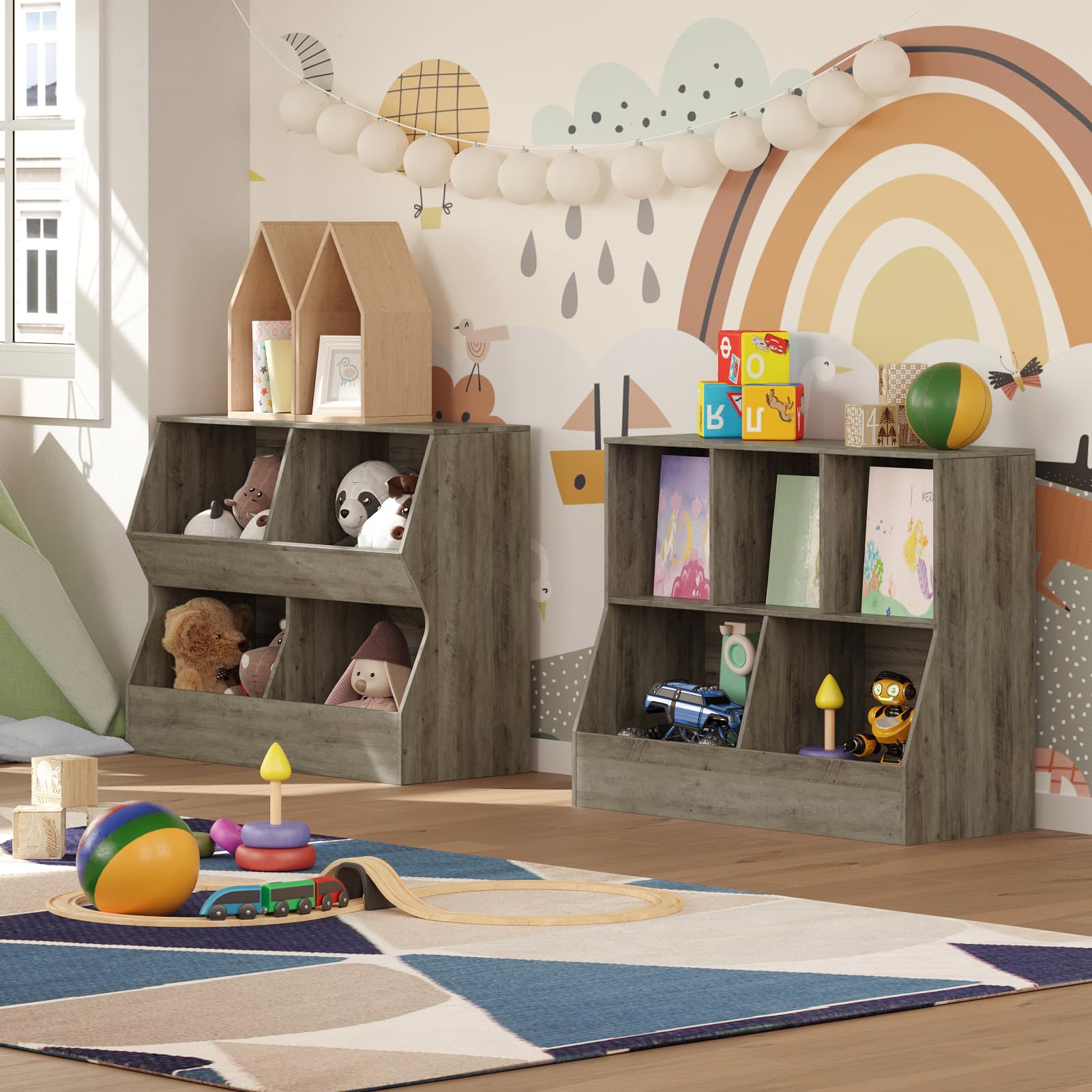 DINZI LVJ Wooden Toy Storage Organizer & Kids Bookshelf - 5-Cubby Children's Bookcase with Gray Wash Finish (31.5
