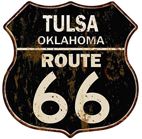 Vintage Route 66 Shield Metal Sign - Tulsa Oklahoma Wall Decor (14.5x14.5 Inch) - Matte Finish Retro Tin Sign for Man Cave, Garage, Bar, or Office - Perfect Gift for Road Trip Enthusiasts & Americana Collectors