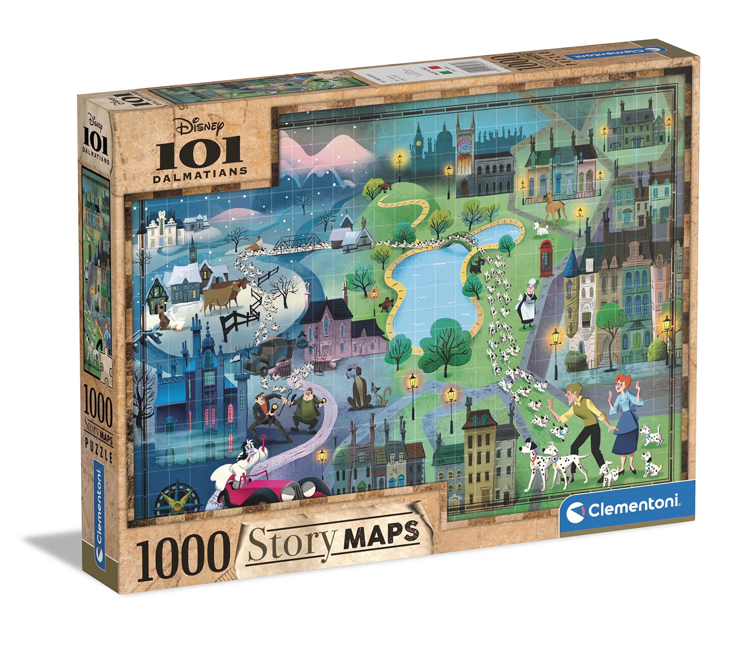 Disney 101 Dalmatians 1000-Piece Jigsaw Puzzle for Adults - Clementoni Story Maps Collection, Officially Licensed Disney Character Puzzle, Made in Italy - Perfect for Family Game Nights & Disney Fans