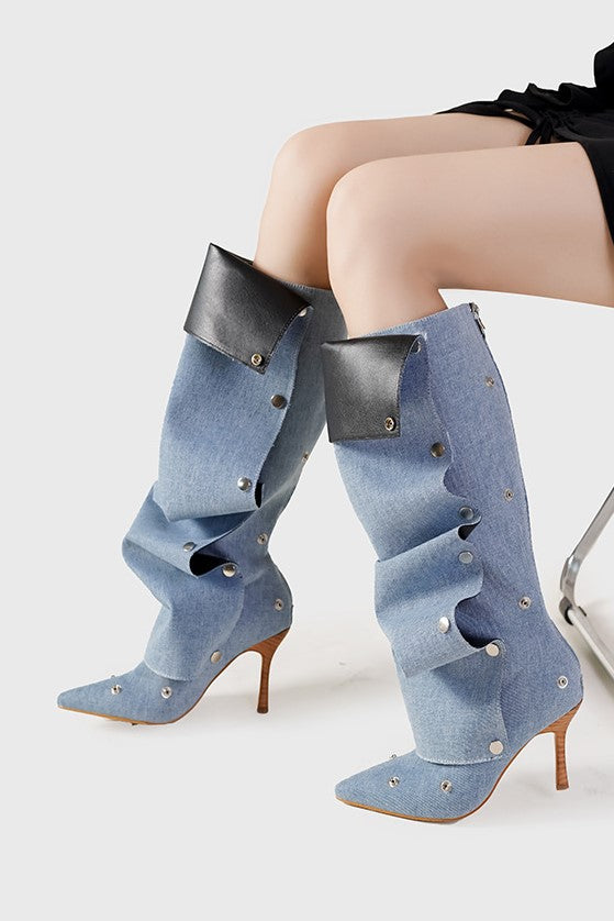 Isabela Appliqué Ruched Denim Knee High Boots for Women - Blue | Stylish Cowgirl Boots for Western Fashion, Country Music Festivals & Night Out