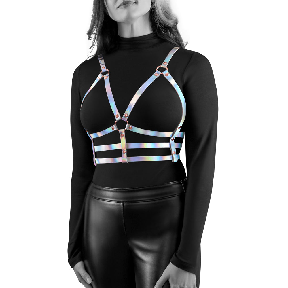 Cosmo Bewitch Holographic Rainbow Strappy Chest Harness - Edgy Gothic Fashion Accessory for Rave, Festival, and BDSM Outfits