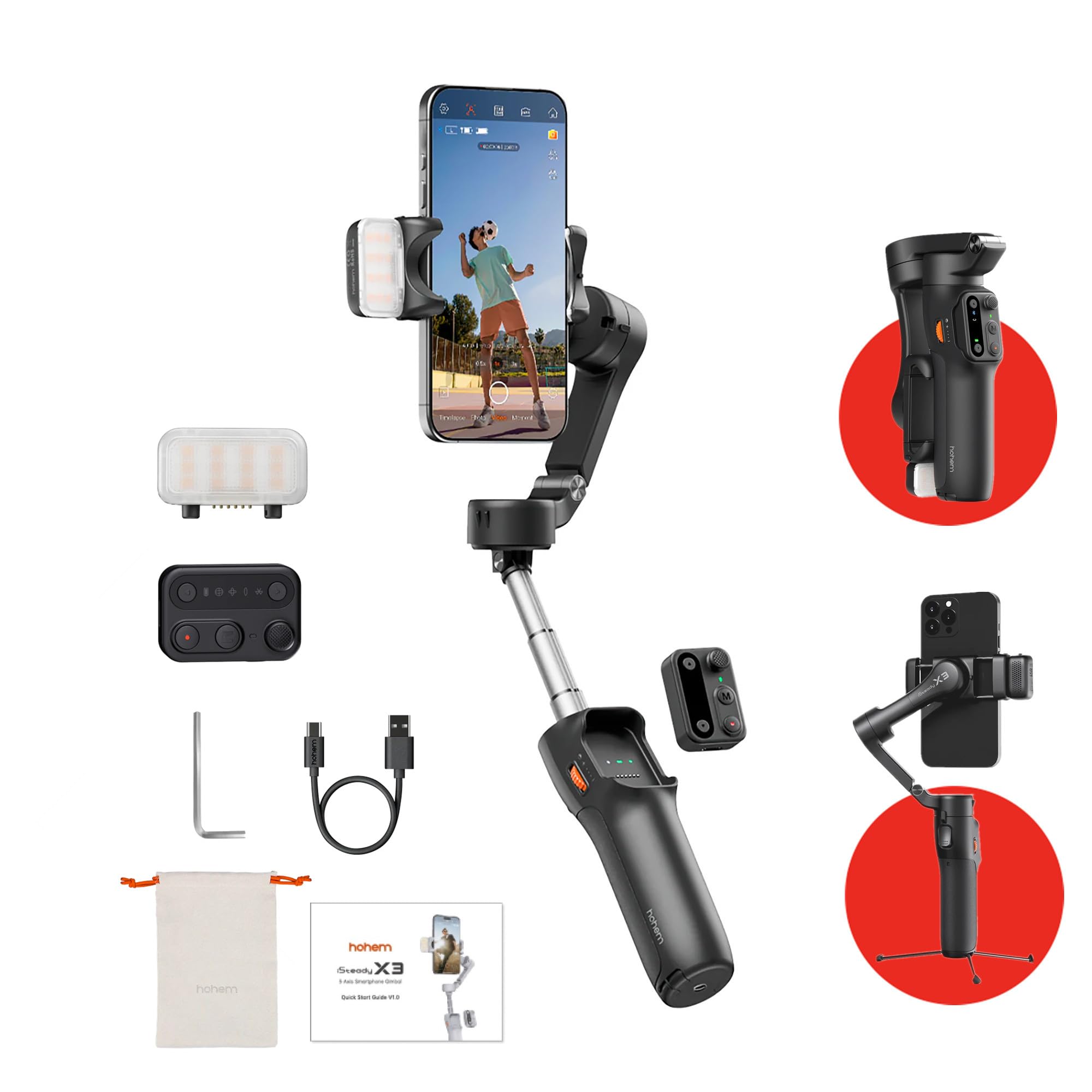 Hohem iSteady X3 3-Axis Smartphone Gimbal Stabilizer for iPhone - AI Tracking, Foldable Design with 3-Color Fill Light, Detachable Remote & Built-in Tripod | Perfect for Vlogging, Live Streaming & Content Creation