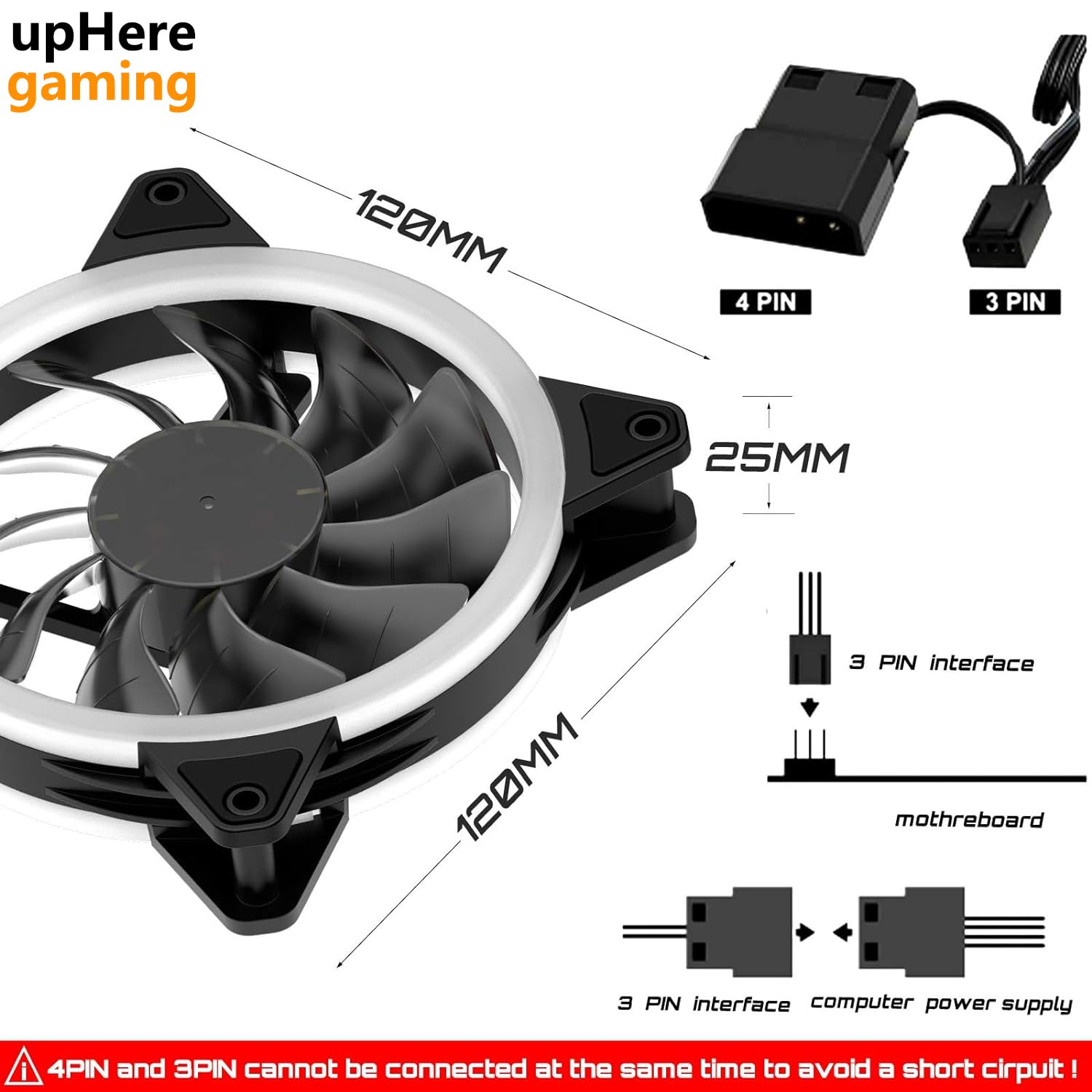 upHere Gaming 120mm RGB LED Case Fan - Ultra Quiet Triple Pack (F03) for PC Cooling & Custom Builds | Perfect for Gaming Rigs, Workstations & High-Performance PCs