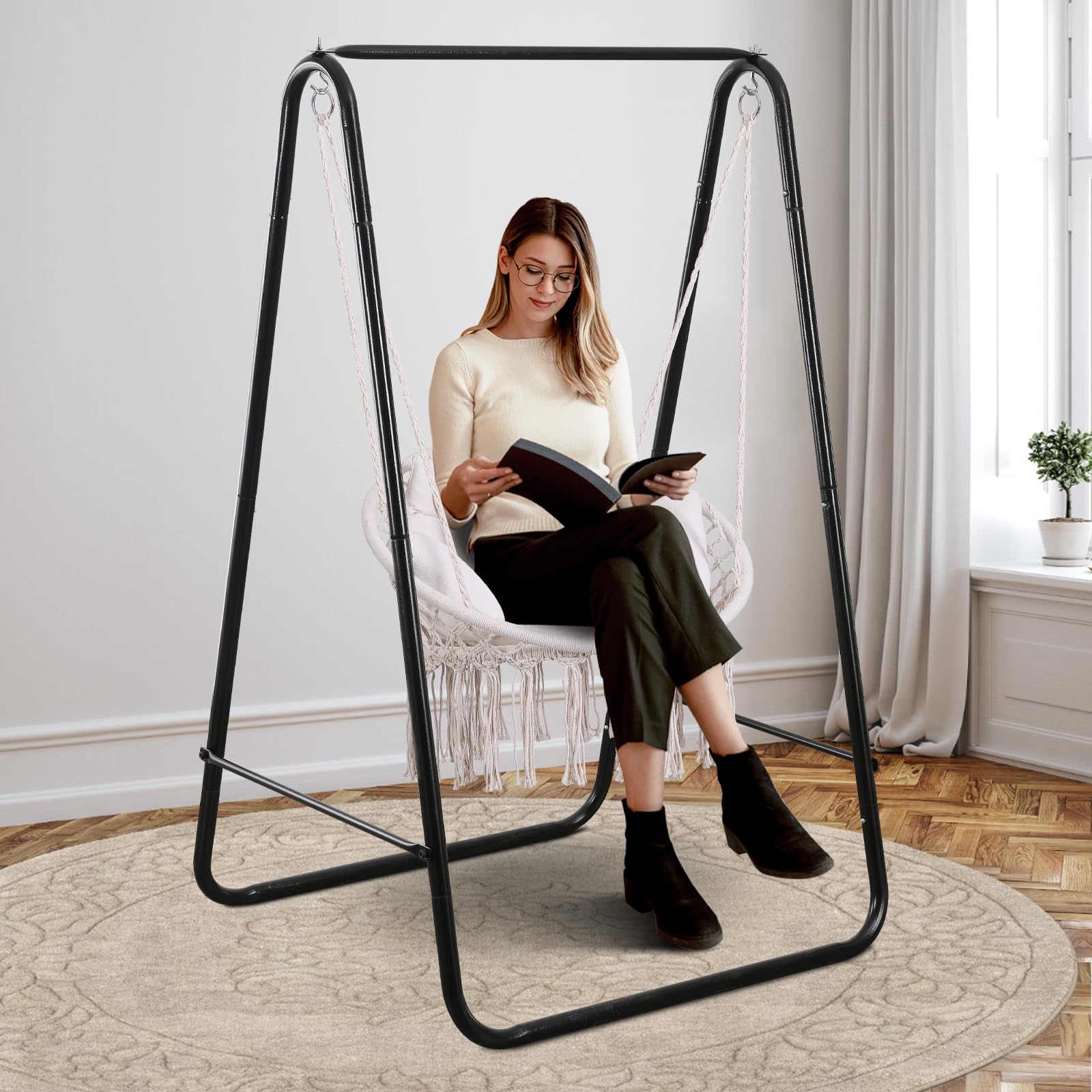 Goutime Macrame Hanging Swing Chair with Cushion & Hardware Kit - Outdoor Hammock Chair for Patio, Balcony, Bedroom - Comfortable Adult Swing Seat (Gray) - Perfect for Relaxing, Reading & Lounging