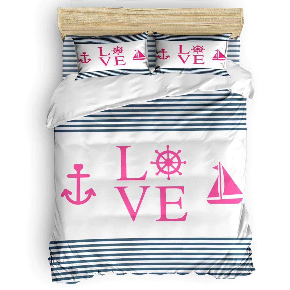 Printed Duvet Cover Set 4-Piece Twin Size - Ultra Soft Comforter Cover, Fitted Sheet & Pillow Shams in Pink Love Anchor Navy Blue Stripes - Perfect for Kids & Adults Bedrooms, Guest Rooms or Dorm Decor