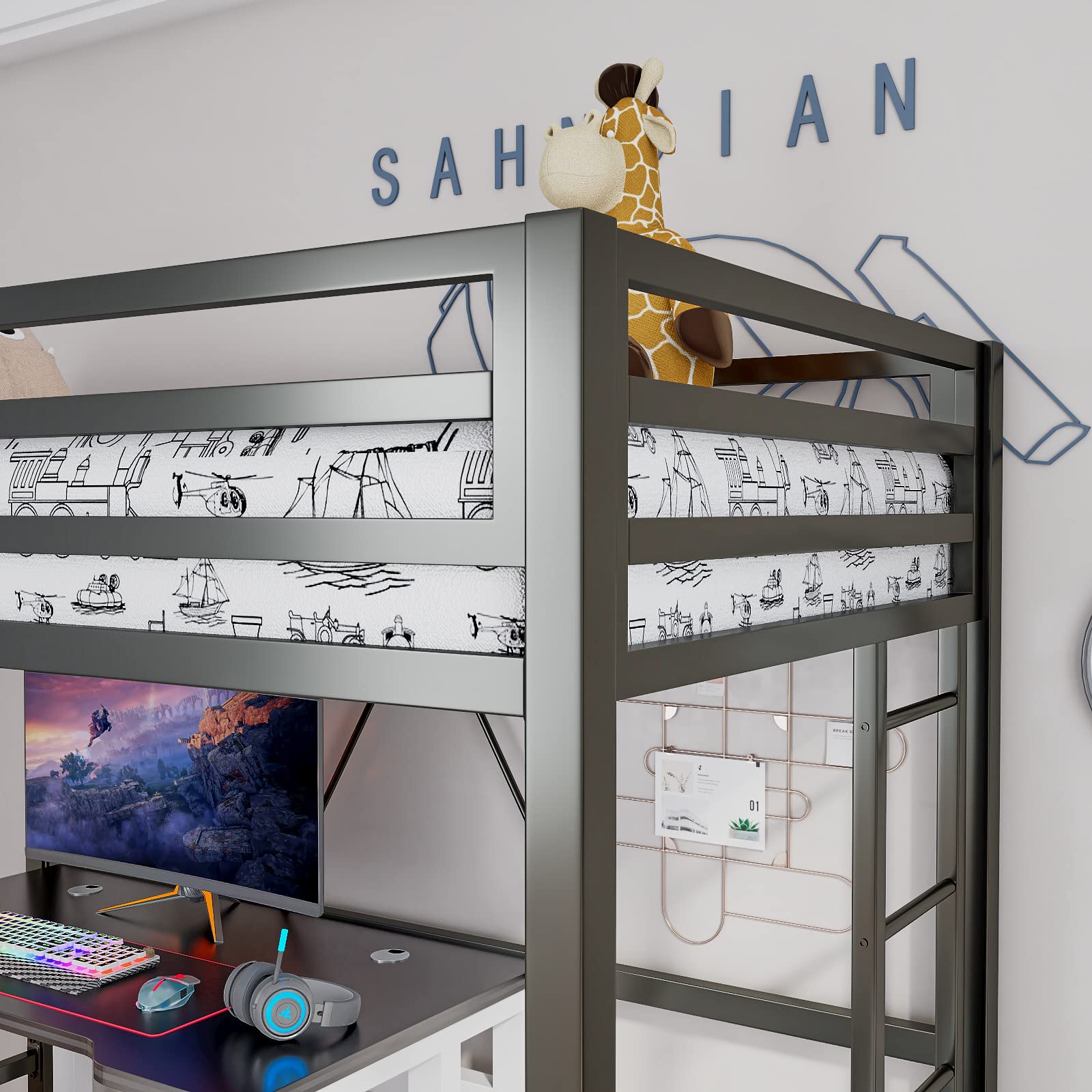 **Metal Loft Bed Twin Size with Safety Guardrail & Ladder - Space Saving Bed Frame, No Box Spring Needed - Matte Black - Ideal for Kids, Teens & Small Bedrooms**