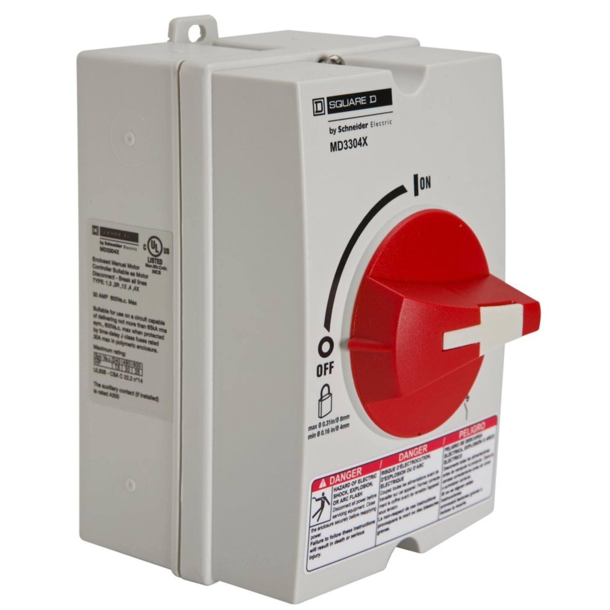 Square D MD3304X Motor Disconnect Switch - 30A, 600V, 3-Pole, Non-Fusible, Black - Ideal for Industrial Equipment, HVAC Systems & Motor Control Applications