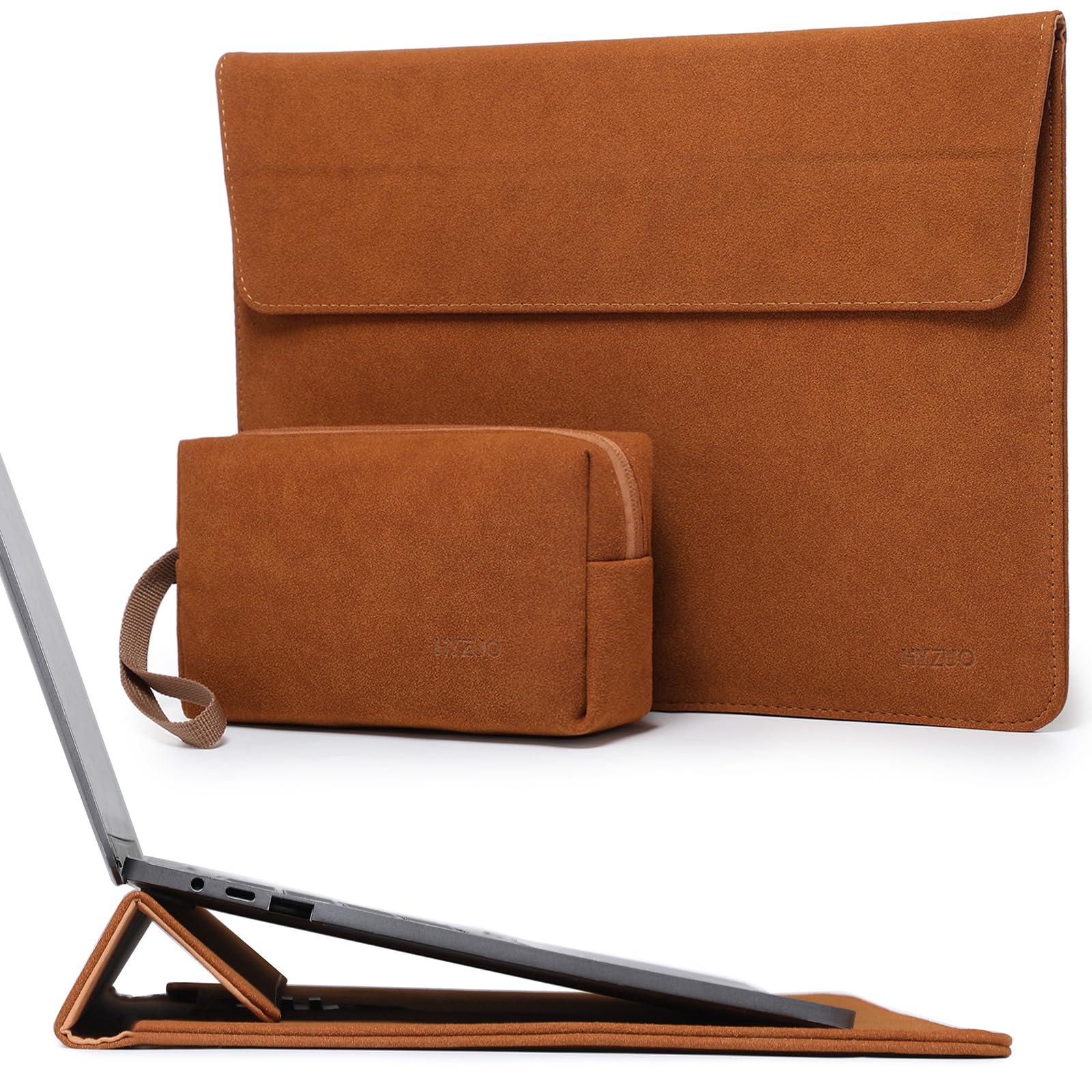 HYZUO 15-16 Inch Laptop Sleeve with Adjustable Stand - Compatible with MacBook Pro 16 M3/M2/M1 Pro/Max (2024-2019), Dell XPS 15, MacBook Pro 15 (2015-2012) - Protective Case with Storage Pouch in Brown | Perfect for Work, Travel & School Use