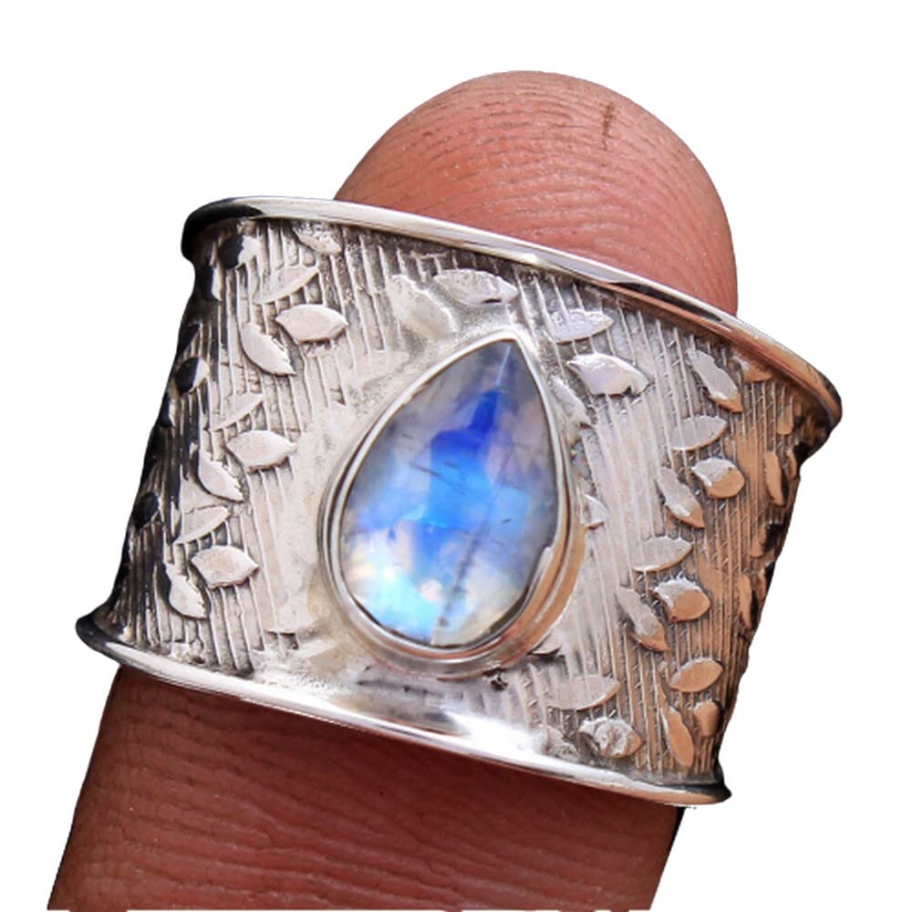 Moonstone 925 Sterling Silver Rings for Women | Elegant White Bridesmaid Rings | Pear Gemstone Wedding Rings | Wide Band Bezel Set Handmade Jewelry | Perfect for Bridal Party, Engagement Gifts & Special Occasions