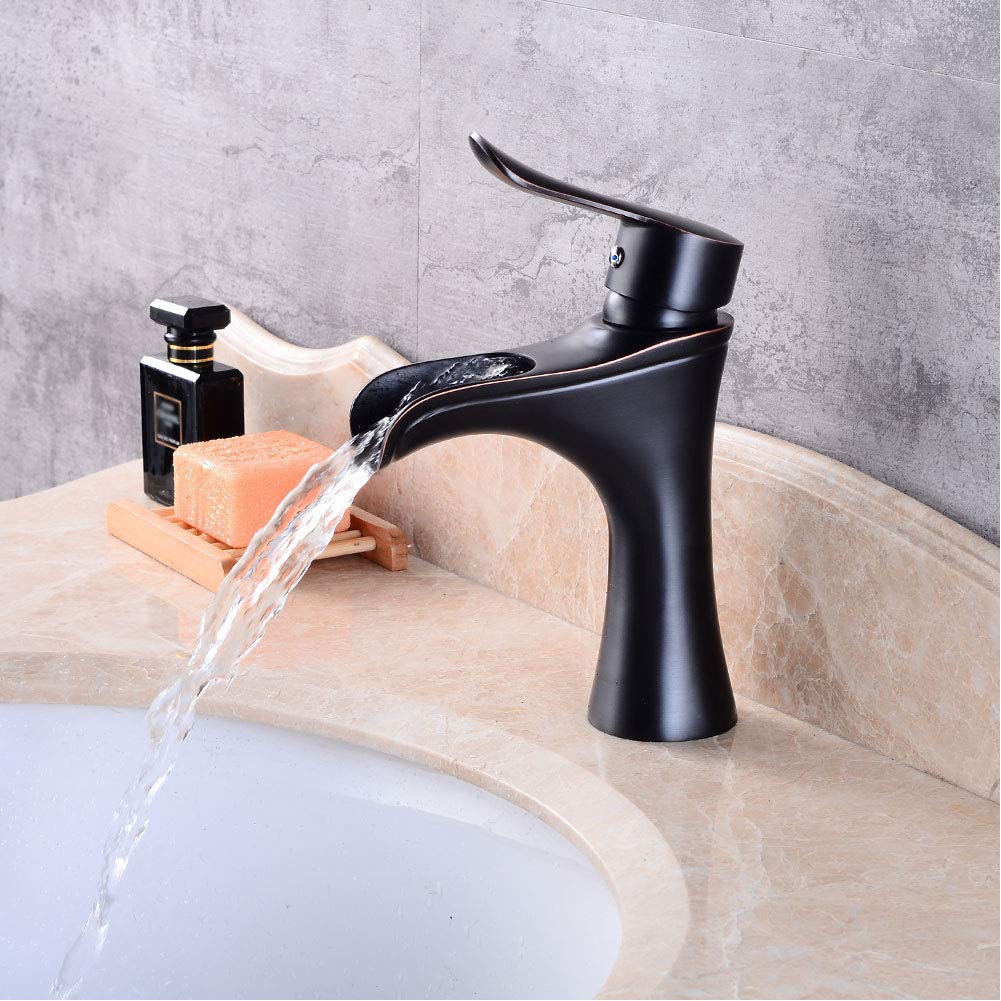 YSDS-JZ Vintage Black Single Lever Waterfall Bathroom Faucet - Oil Rubbed Bronze Brass Sink Mixer Tap with Hot/Cold Water Control - Perfect for Modern & Retro Bathroom Decor, Vanity Sinks, Powder Rooms