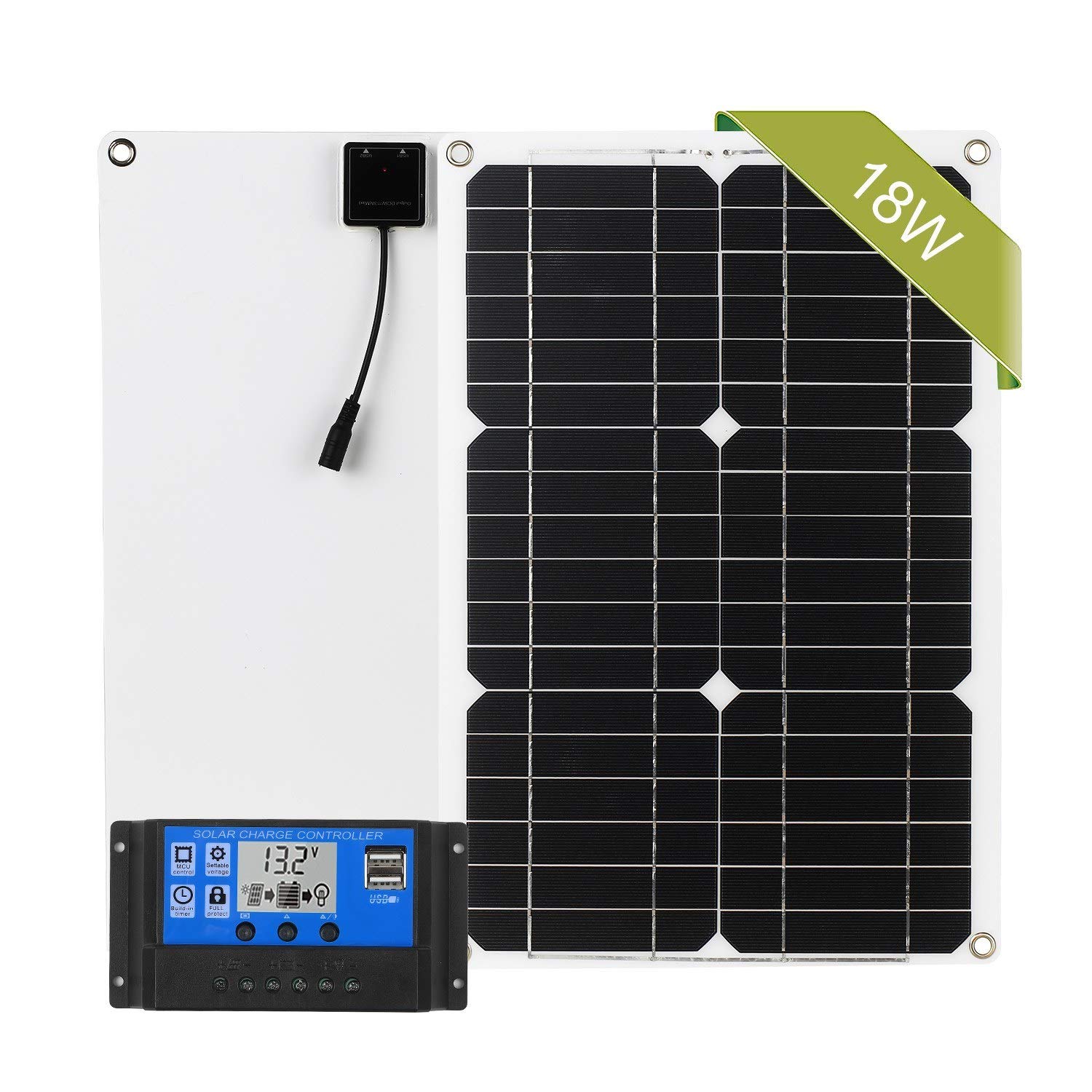 18W 12V Monocrystalline Solar Panel Kit with Charge Controller & SAE Cable - Off Grid Power for RV, Boat, Cabin, Shed & Outdoor Adventures