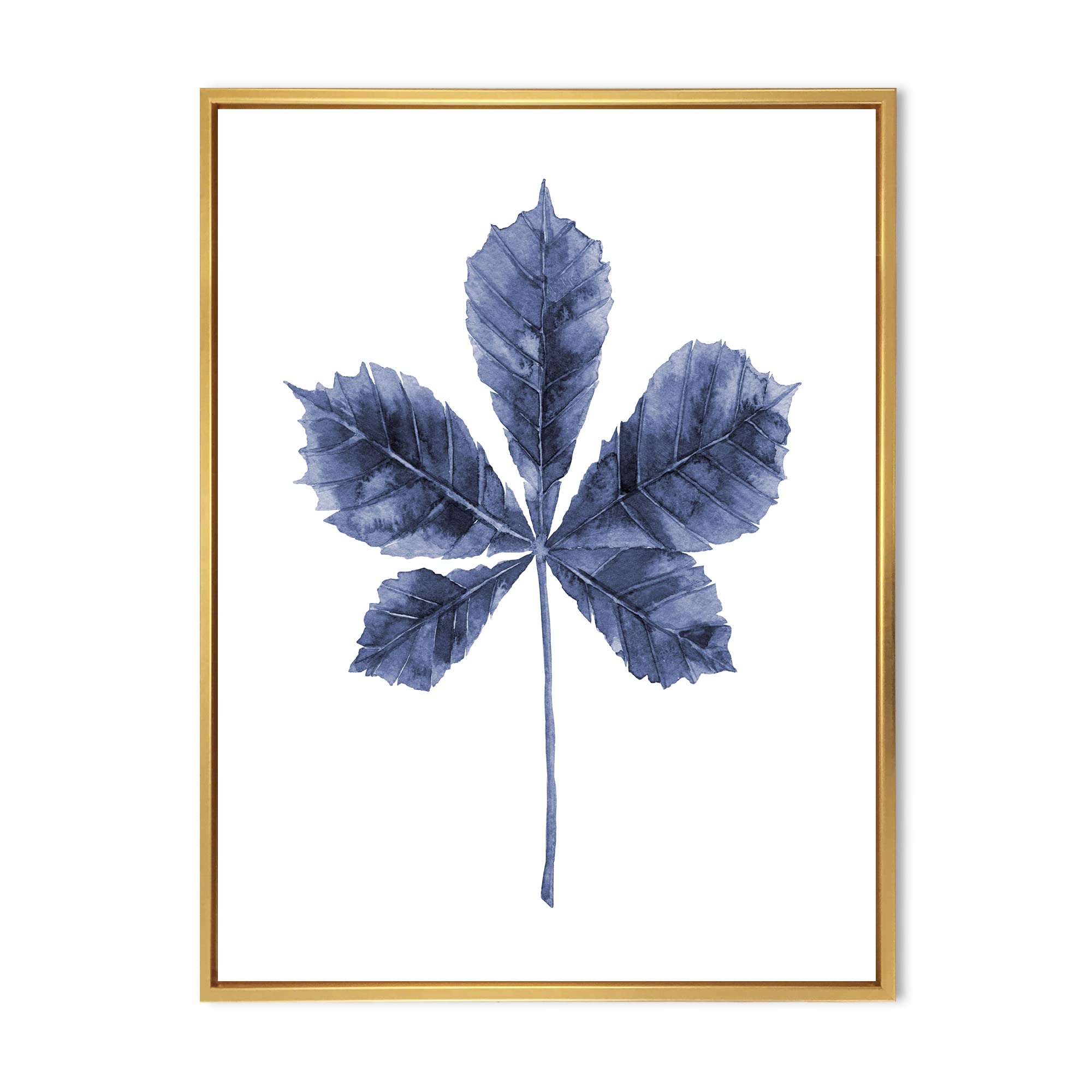 Navy Blue Chestnut Leaf Framed Canvas Wall Art Print - Traditional Home Decor for Living Room, Bedroom & Office