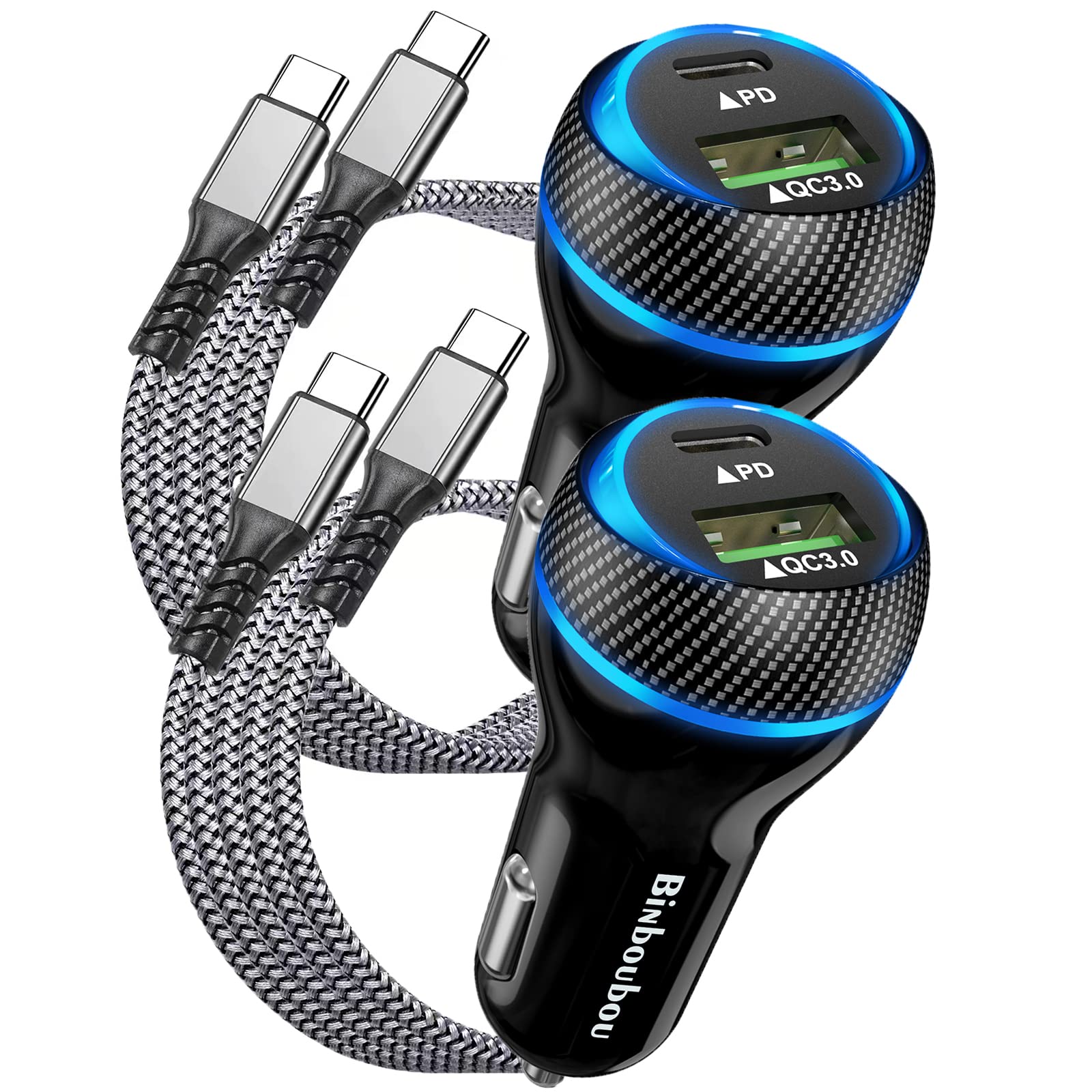 2-Pack 48W USB C Car Charger Fast Charging Adapter with PD & QC 3.0 - Dual Port Type C Car Phone Charger Compatible with iPhone 15/14/13, Samsung Galaxy S23/S22/S21, Pixel, LG - Includes Type C Cables for Road Trips & Daily Commute