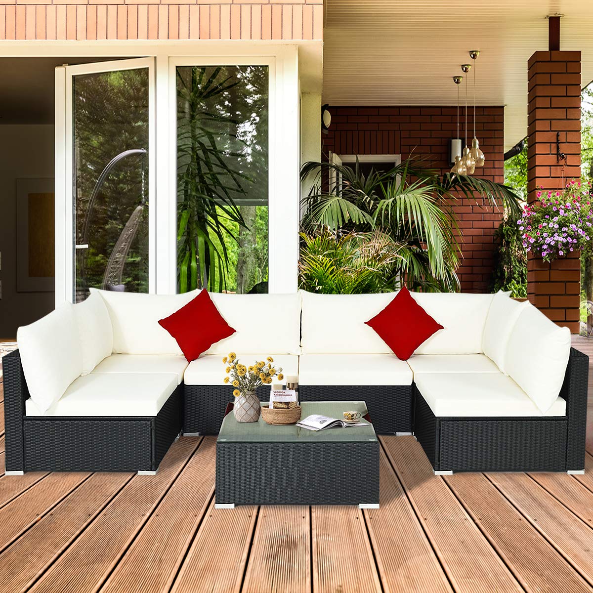 HAPPYGRILL 7-Piece Outdoor Patio Furniture Set - Rattan Wicker Sectional Sofa with Cushions, Pillows & Coffee Table - Perfect for Garden, Lawn, Backyard & Poolside Relaxation
