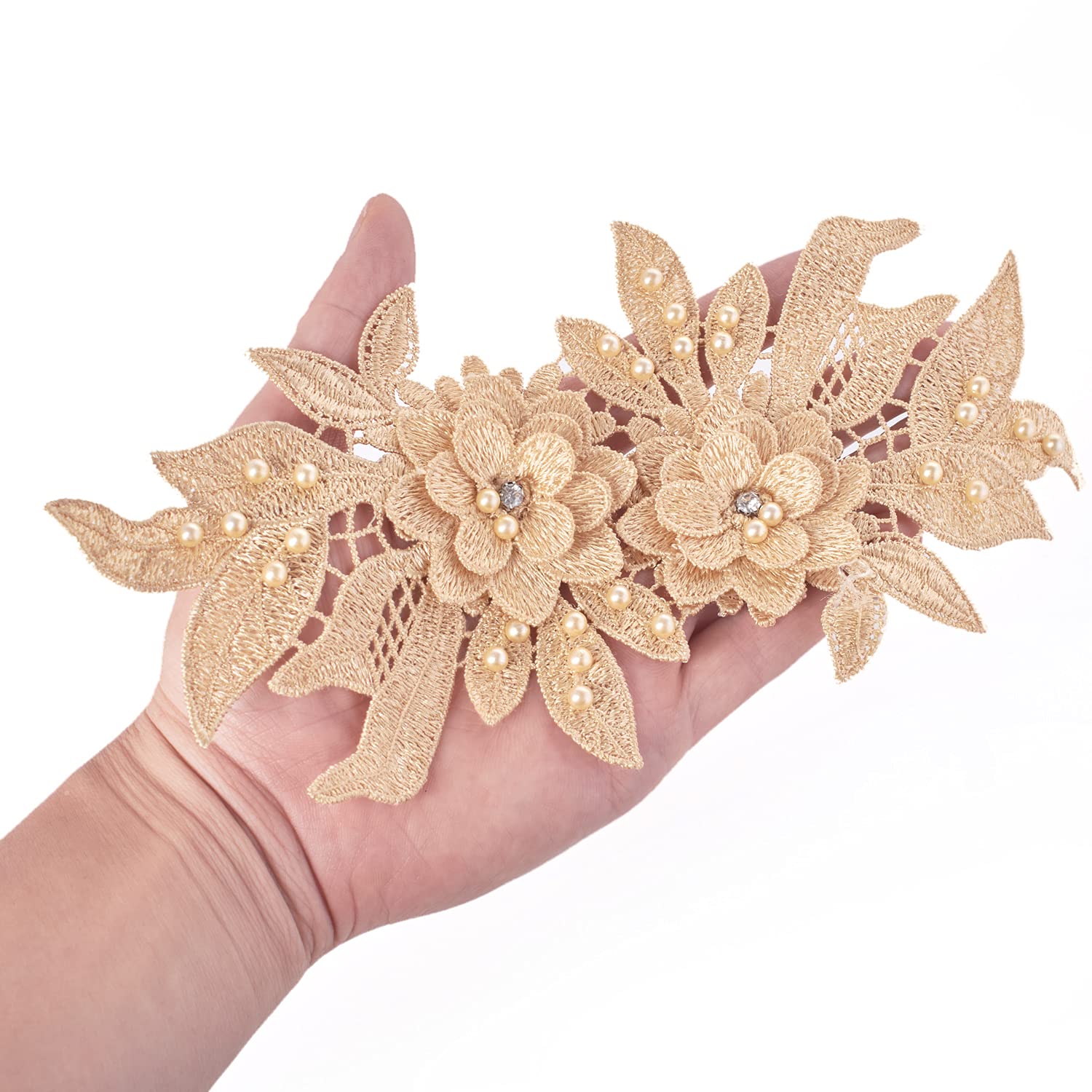3D Lace Applique Floral Beaded Rhinestone Patch - Silver Sew-on Embroidery Motif for Wedding Dresses, Veils & Bridal Gowns - Perfect for DIY Dress Decoration, Costume Embellishment and Fabric Crafting