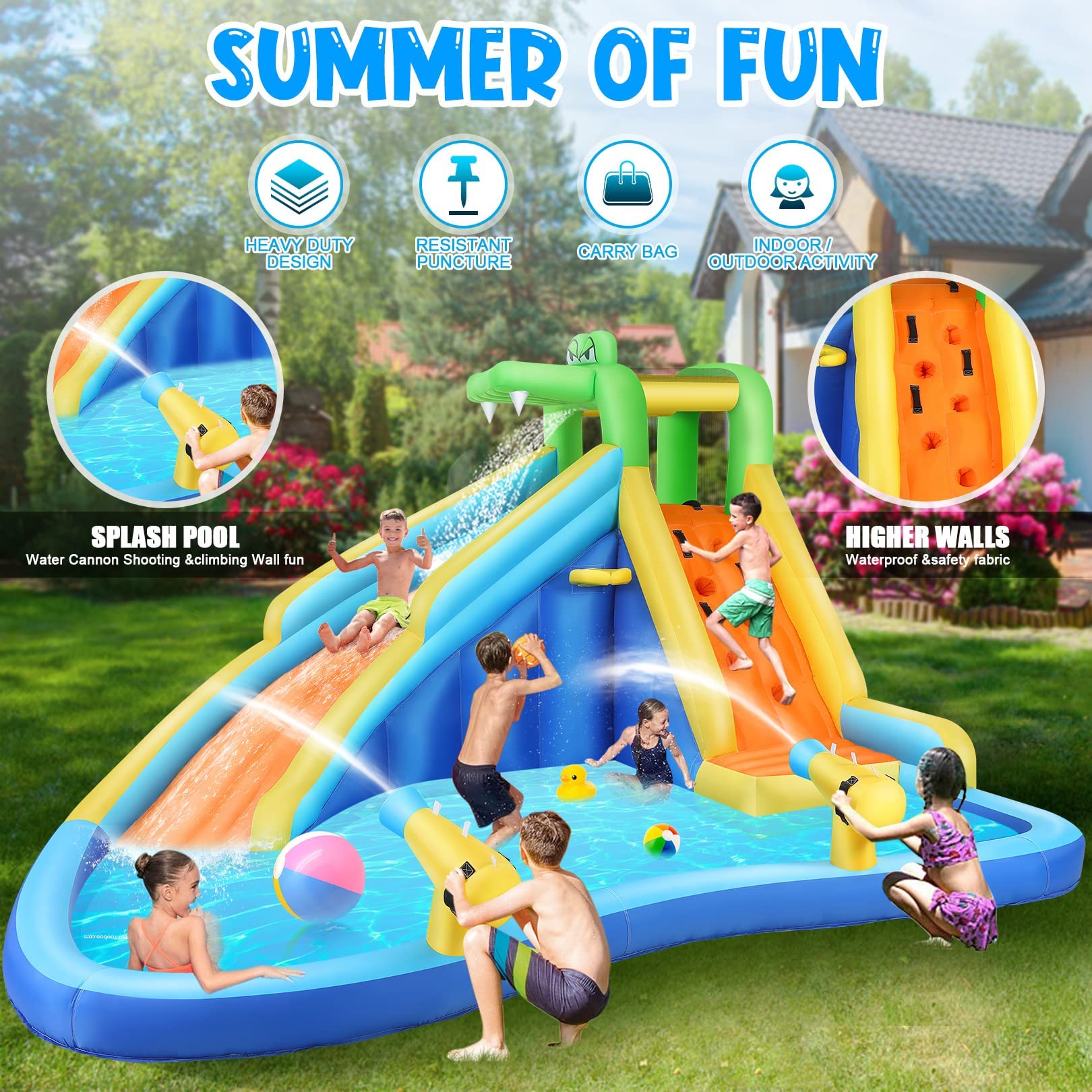 **AKEYDIY Inflatable Water Slide Park with Splash Pool, Water Gun, Ball Shooting & Climbing Wall - Kids Bounce House for Backyard, Summer Parties & Outdoor Fun**    *(Perfect for Birthdays, Family Gatherings, and Summer Water Play!)*