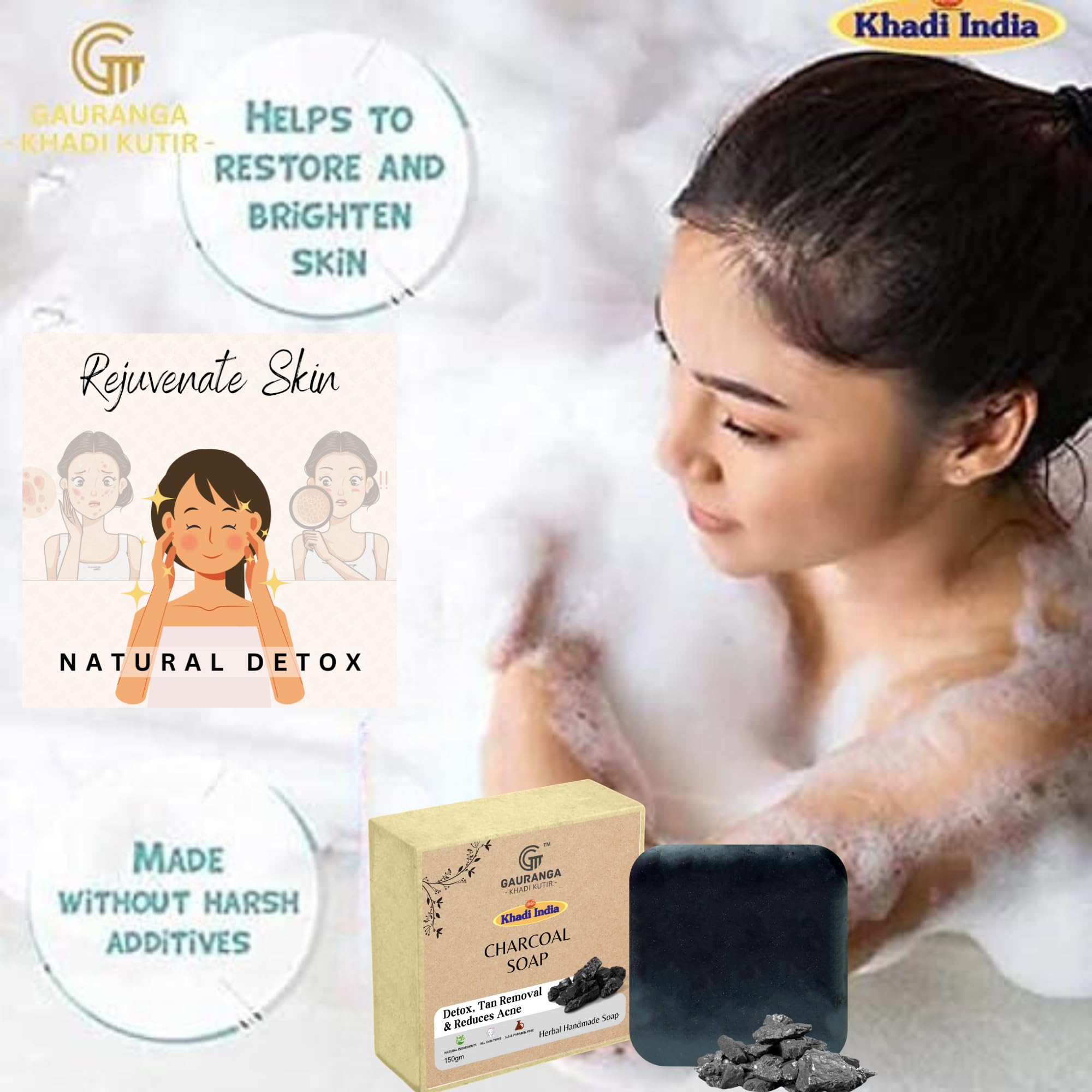 Khadi Activated Charcoal & Tea Tree Oil Soap - 3 Pack (75g Each) for Acne-Free, Bright Skin | Natural Detox & Tan Removal Face & Body Wash | Perfect for Daily Skincare & Deep Cleansing Routine