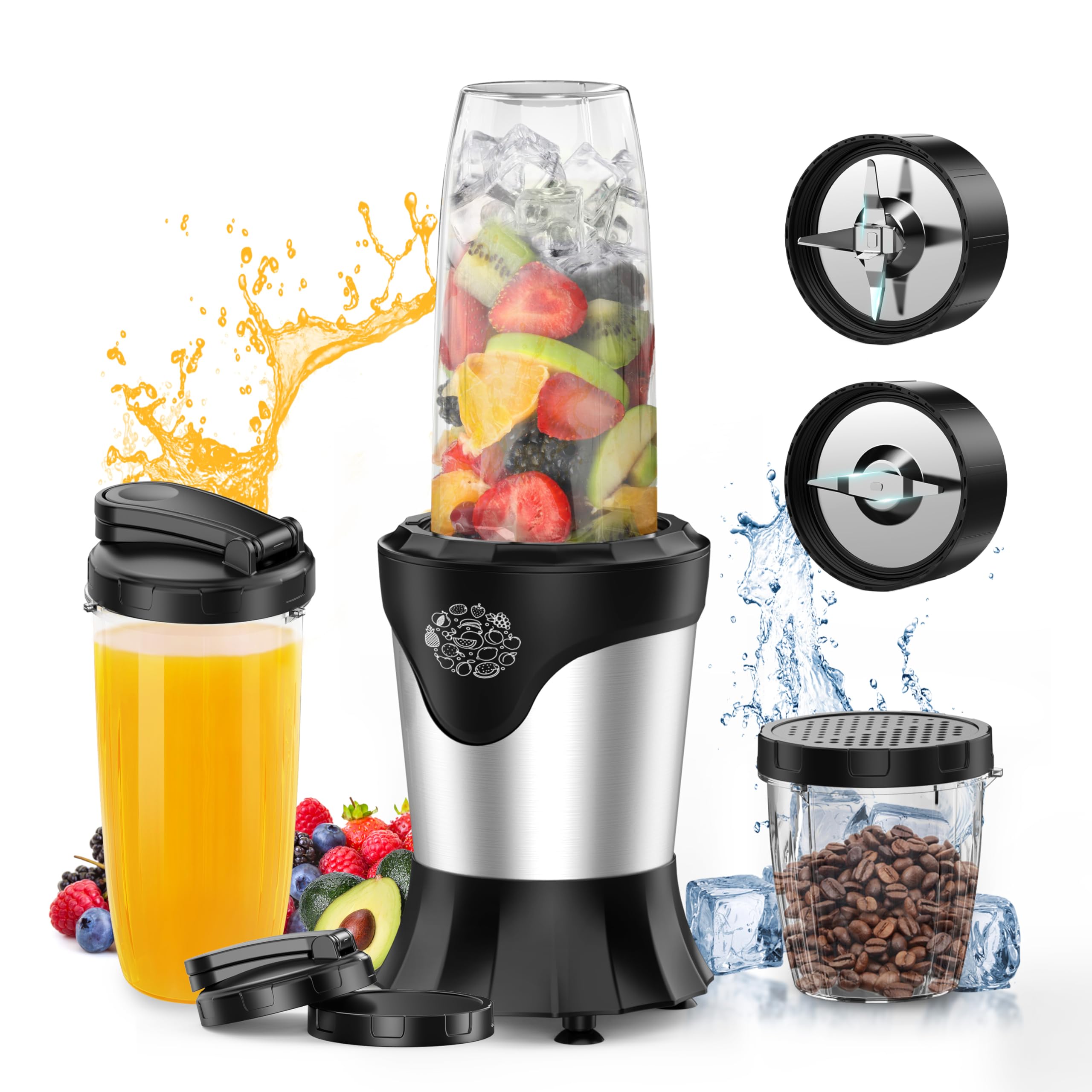Suavo 1100W Portable Personal Blender for Smoothies, Protein Shakes & Coffee - Includes 2x22Oz Travel Cups, Lids, Coffee Grinder & 10Oz BPA-Free Cup - Perfect for Home, Gym, Office & Travel