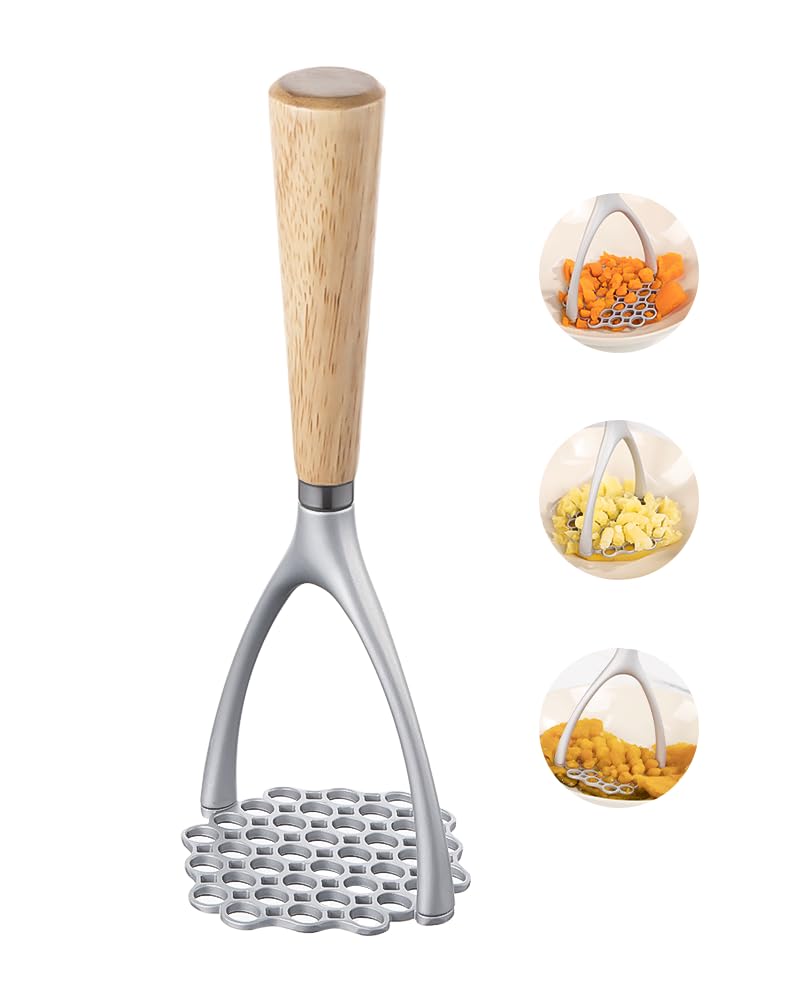Premium Wooden Handle Potato Masher - Heavy Duty Aluminum Alloy Manual Potato Press & Ricer for Fluffy Mashed Potatoes - Perfect Kitchen Tool for Thanksgiving, Baby Food & Home Cooking