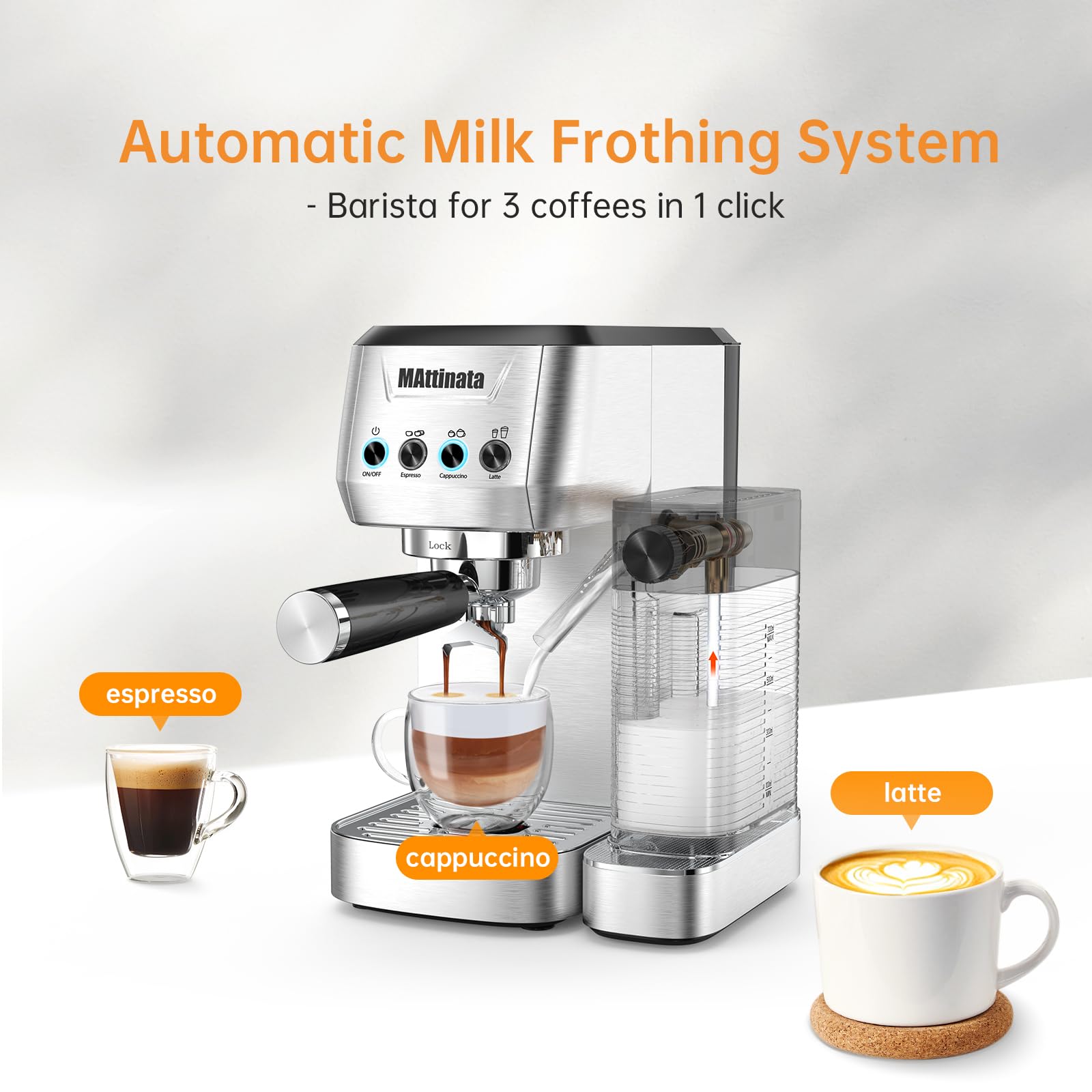 20 Bar Professional Cappuccino & Espresso Machine with Automatic Milk Frother - Compact Stainless Steel Latte Maker for Home, Office & Coffee Shops - Perfect for Morning Brews, Entertaining Guests & Barista-Quality Drinks