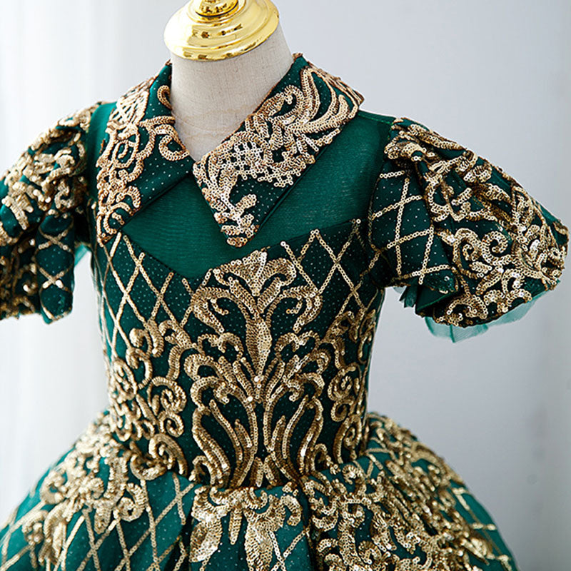 Sparkly Green Sequin Flower Girl Dress with Collared Neckline – Perfect for Weddings, Pageants & Special Occasions