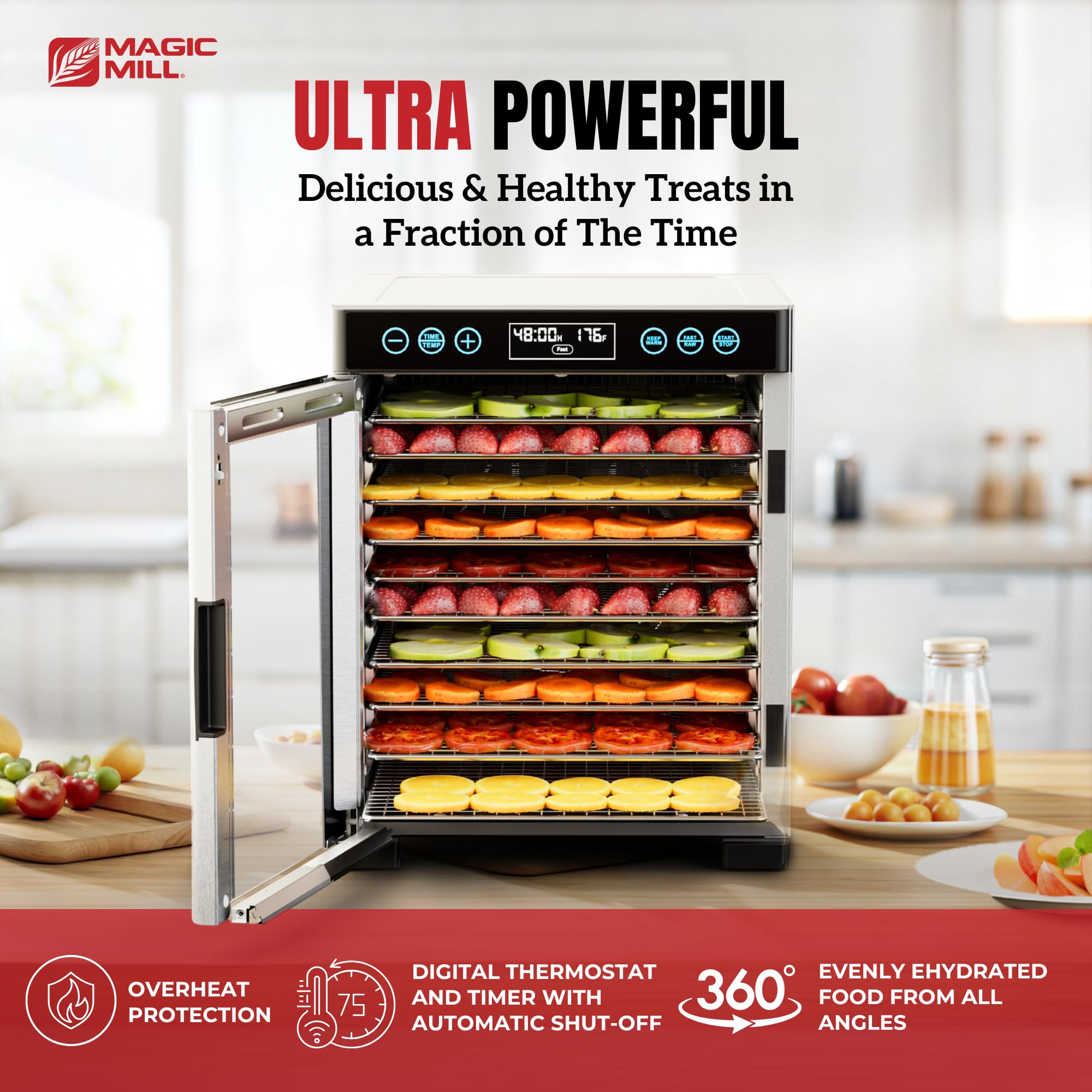 Magic Mill Pro Food Dehydrator Machine - 10 Stainless Steel Trays | Electric Food Dryer for Jerky, Dog Treats, Herbs, Meat, Fruits | Digital Timer & Temperature Control with Keep Warm Function | ETL Certified | Perfect for Home Kitchen, Camping & Healthy Snack Preparation