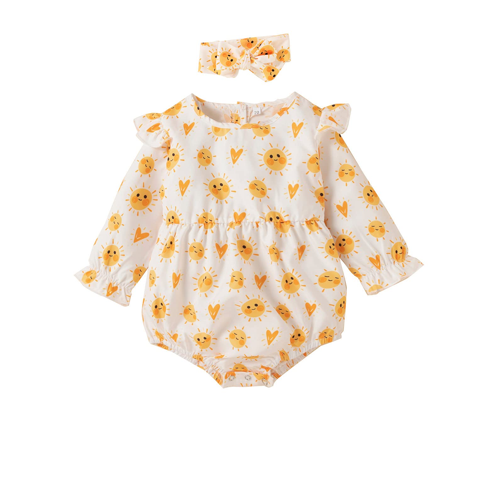 Newborn Baby Girl Long Sleeve Sun Print Romper & Headband Set - Soft Cotton Bodysuit Jumpsuit Outfit for Toddler Infants (0-24 Months) | Perfect for Photoshoots, Playdates & Special Occasions