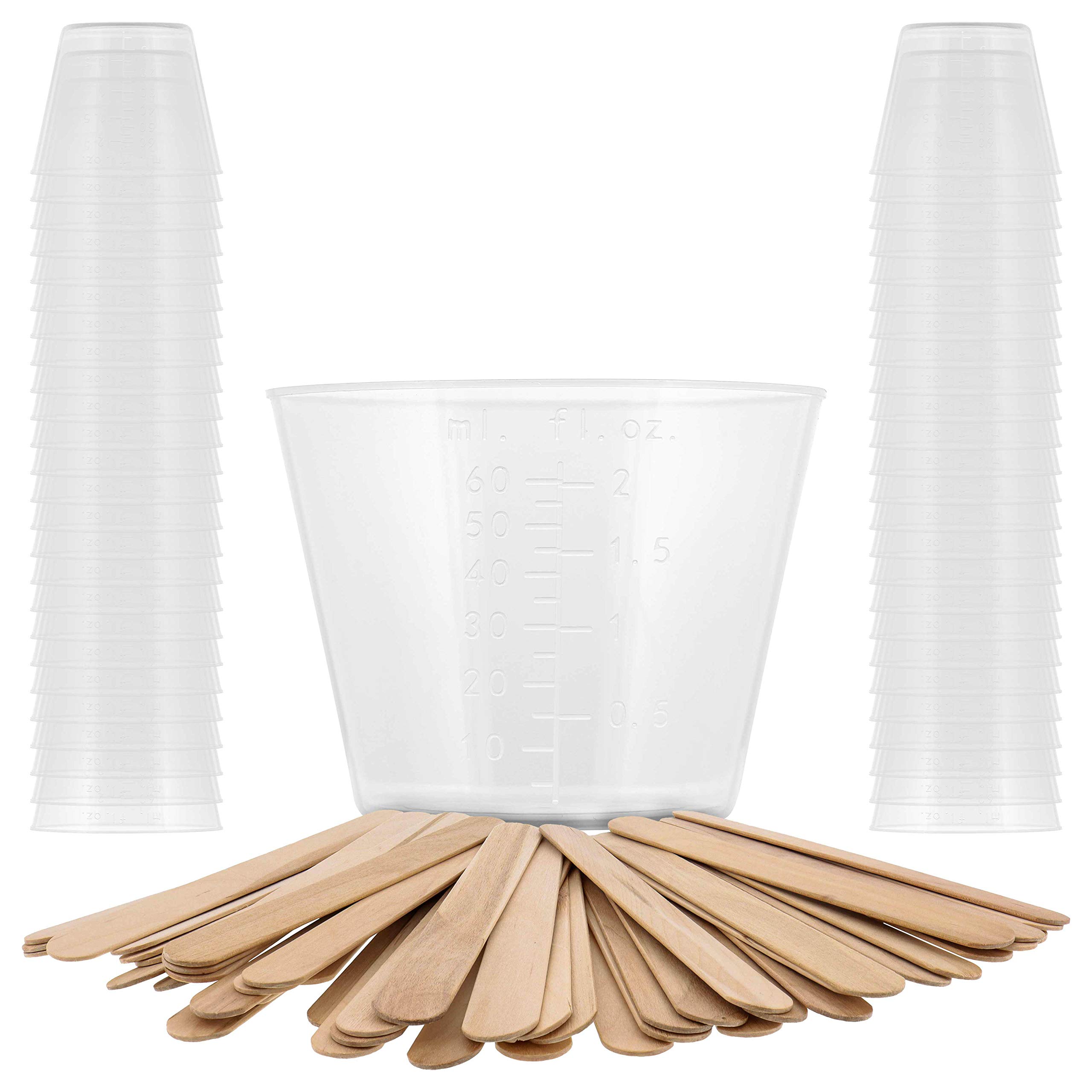 2 Ounce (60ml) Graduated Plastic Measuring Cups with Mixing Sticks - 50 Clear Cups & 25 Sticks for Acrylic Paint, Resin, Epoxy, Art Projects, Cooking, Baking, Medicine, Lab Use - Precise OZ & ML Measurements - Perfect for DIY Crafts, Home Kitchen, and Scientific Experiments