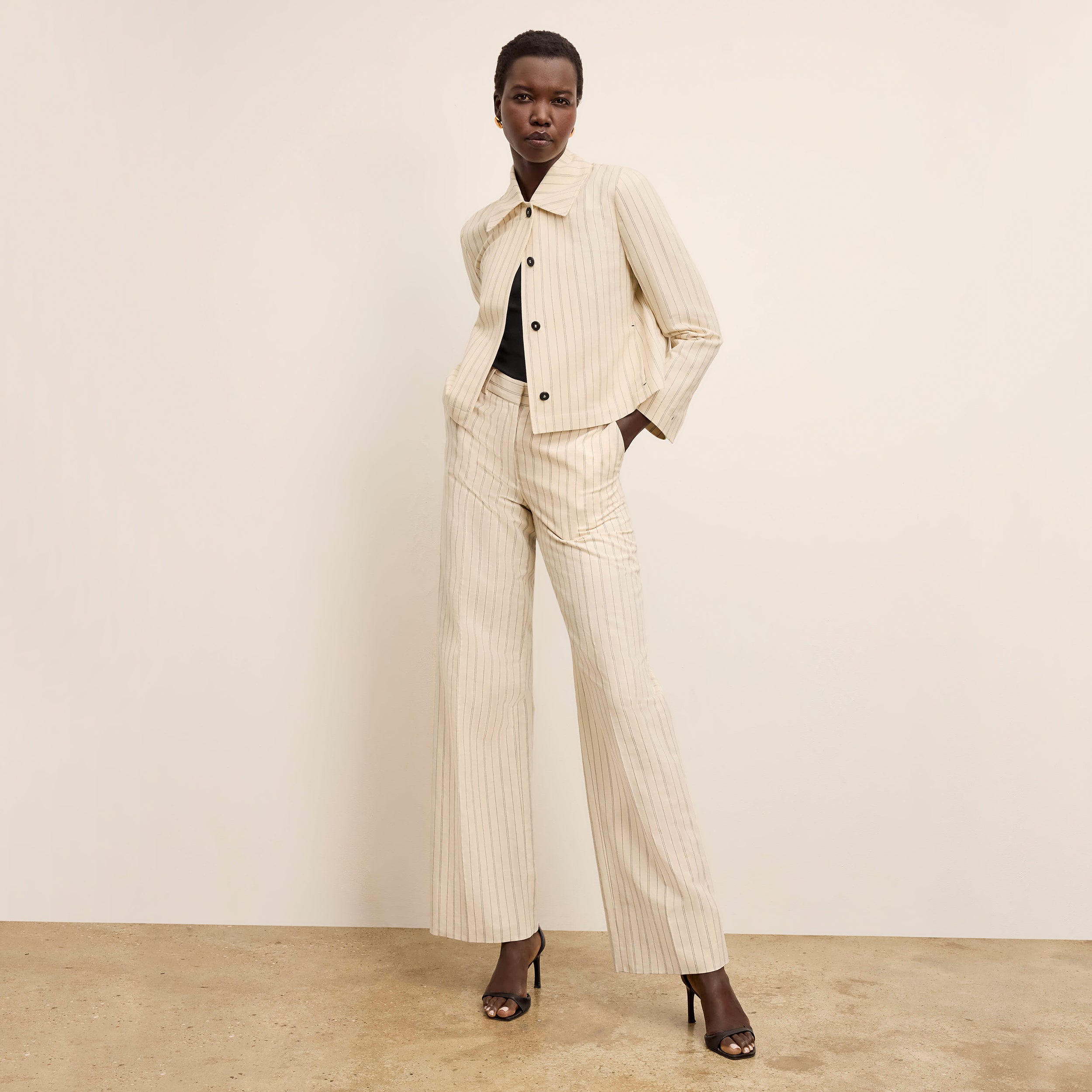 Tinsley Wide Leg Pants for Women - Breeze Stripe Pattern in Ecru & Navy - Comfortable High Waist Trousers for Office, Travel & Casual Wear