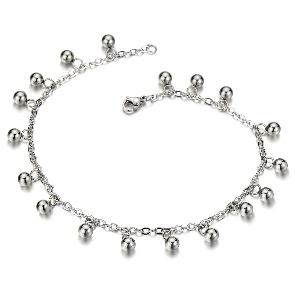 COOLSTEELANDBEYOND Elegant Stainless Steel Anklet Bracelet with Dangling Ball Charms - Perfect for Beach, Summer Outfits & Boho Style Accessories