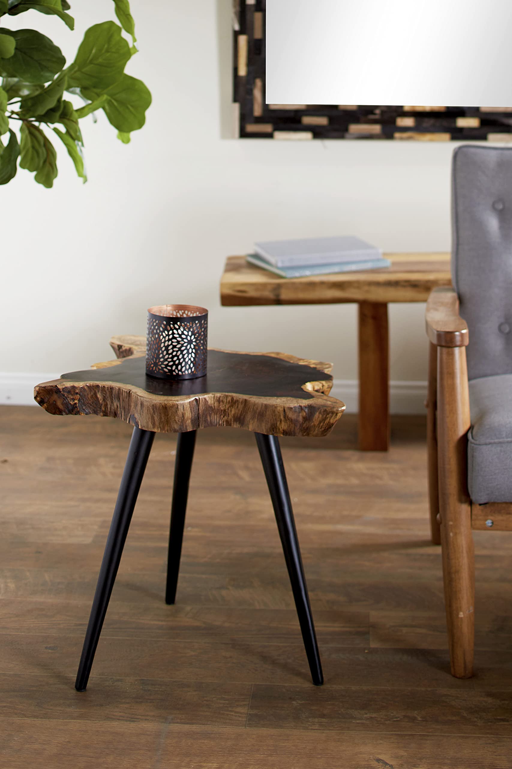 Handmade Live Edge Wood Side Table with Black Metal Tripod Legs - 24